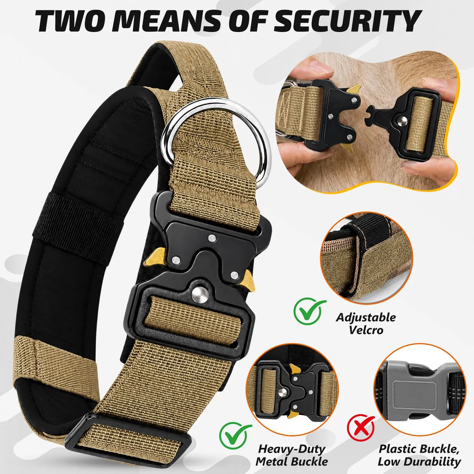 Collare Cane, Collare Tattico Regolabile per Cani Taglia Grande e Media, Larga 3,8 cm, Collari Militare in Nylon per Cani con Maniglia e Robusta Fibbia Metallica Sblocco Rapido (Kaki, L) - immagine 2