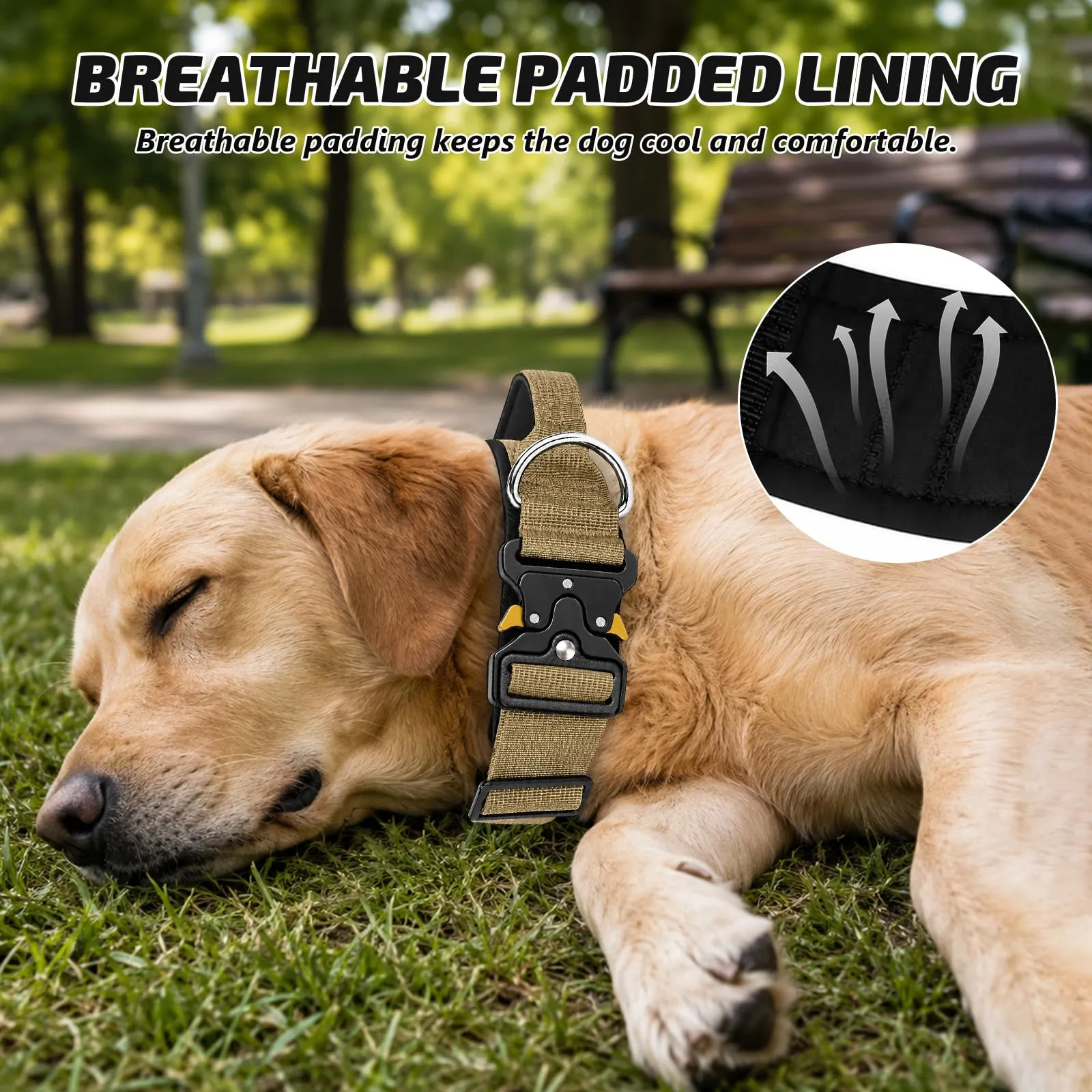 Collare Cane, Collare Tattico Regolabile per Cani Taglia Grande e Media, Larga 3,8 cm, Collari Militare in Nylon per Cani con Maniglia e Robusta Fibbia Metallica Sblocco Rapido (Kaki, L) - immagine 4