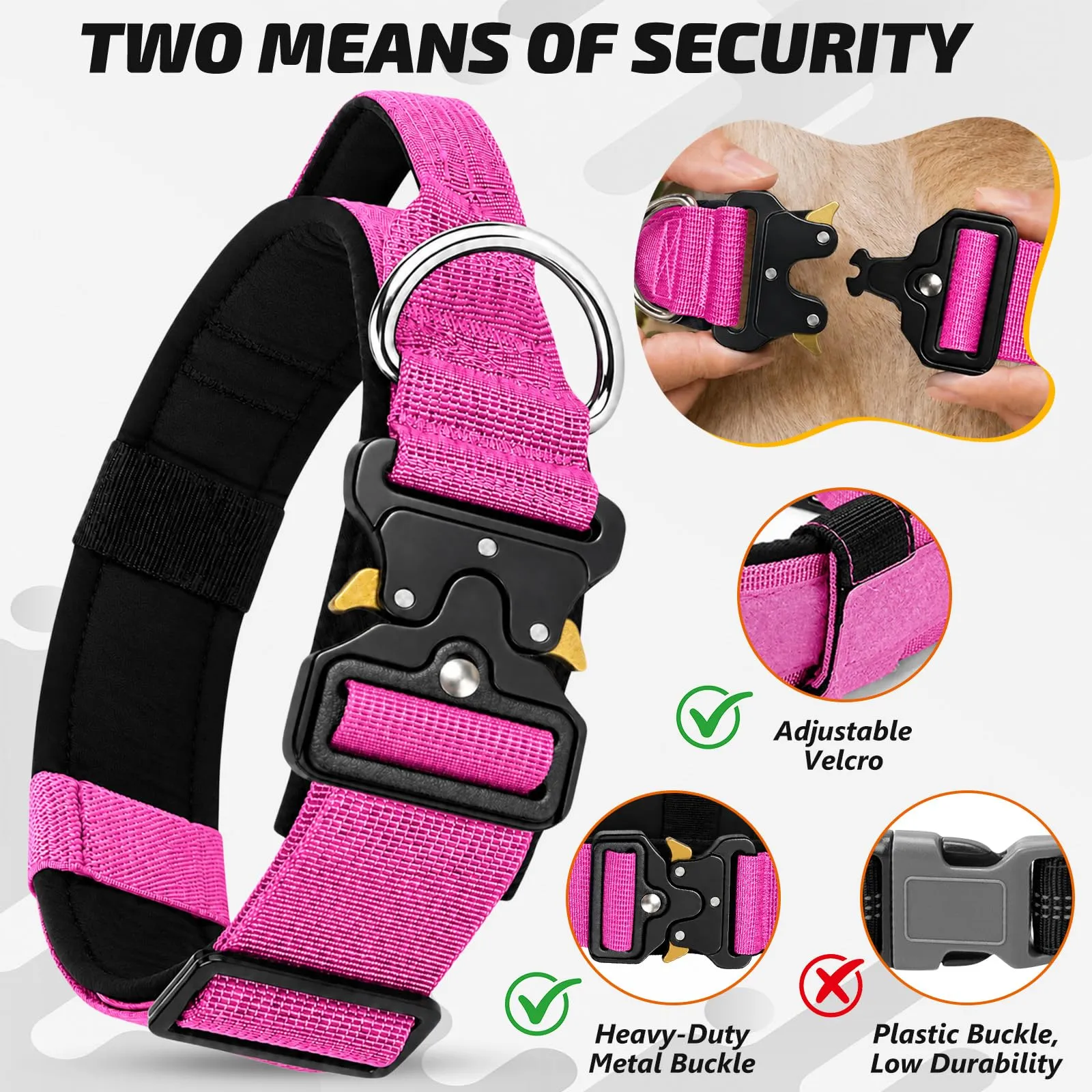 Collare Cane, Collare Tattico Regolabile per Cani Taglia Grande e Media, Larga 3,8 cm, Collari Militare in Nylon per Cani con Maniglia e Robusta Fibbia Metallica Sblocco Rapido (Rosso Rosa, L) - immagine 2
