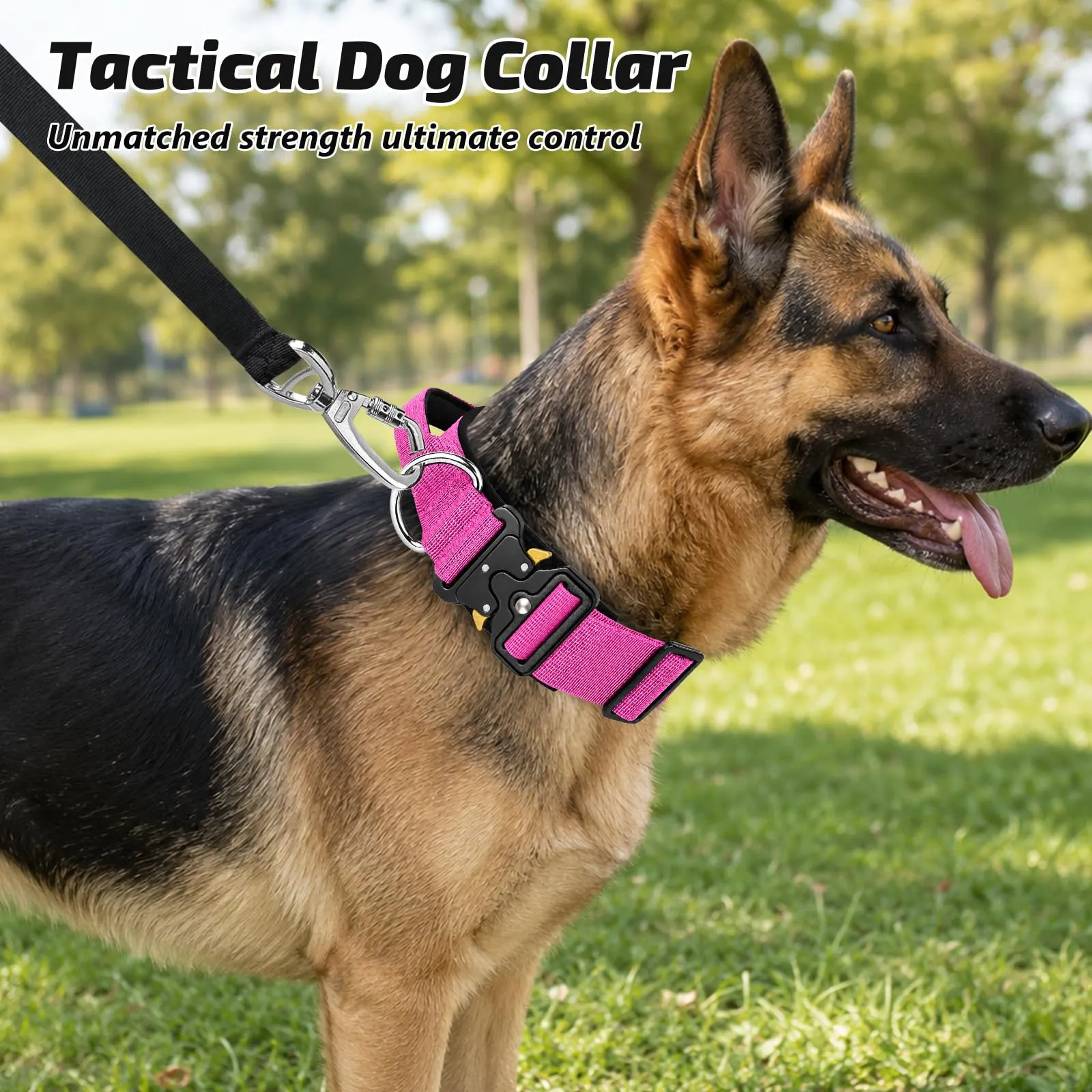 Collare Cane, Collare Tattico Regolabile per Cani Taglia Grande e Media, Larga 3,8 cm, Collari Militare in Nylon per Cani con Maniglia e Robusta Fibbia Metallica Sblocco Rapido (Rosso Rosa, L) - immagine 7