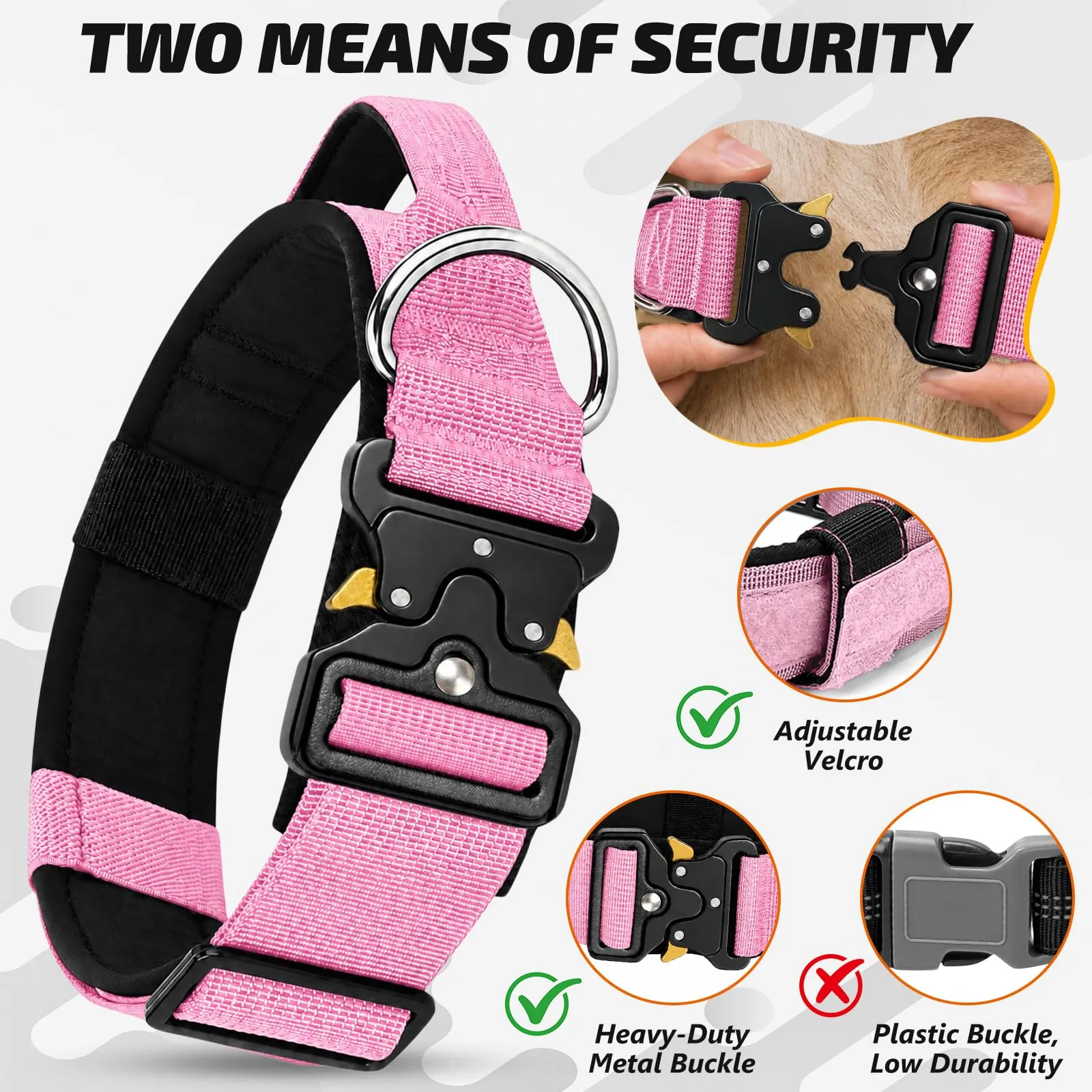 Collare Cane, Collare Tattico Regolabile per Cani Taglia Grande e Media, Larga 3,8 cm, Collari Militare in Nylon per Cani con Maniglia e Robusta Fibbia Metallica Sblocco Rapido (Rosa, L) - immagine 2