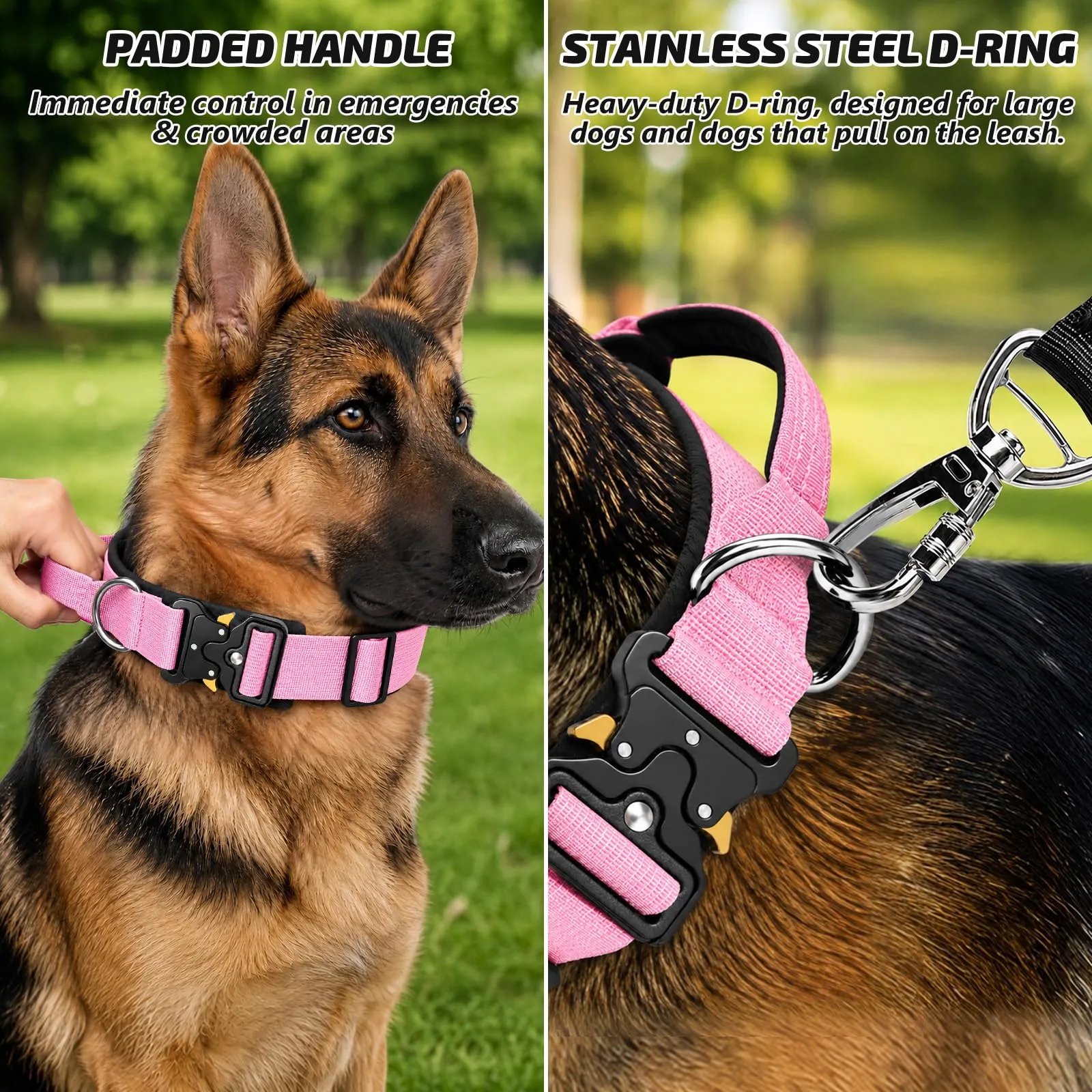 Collare Cane, Collare Tattico Regolabile per Cani Taglia Grande e Media, Larga 3,8 cm, Collari Militare in Nylon per Cani con Maniglia e Robusta Fibbia Metallica Sblocco Rapido (Rosa, L) - immagine 3