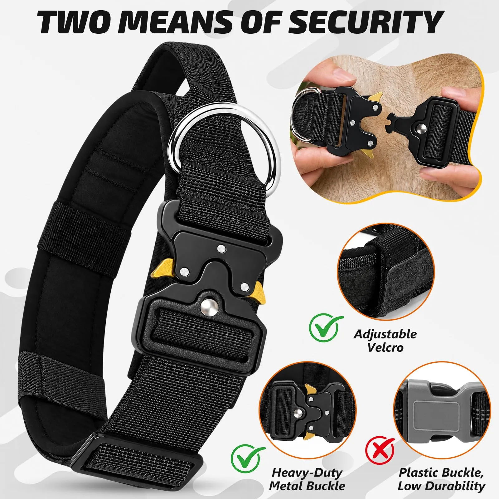 Collare Cane, Collare Tattico Regolabile per Cani Taglia Grande e Media, Larga 3,8 cm, Collari Militare in Nylon per Cani con Maniglia e Robusta Fibbia Metallica Sblocco Rapido (Nero, L) - immagine 2