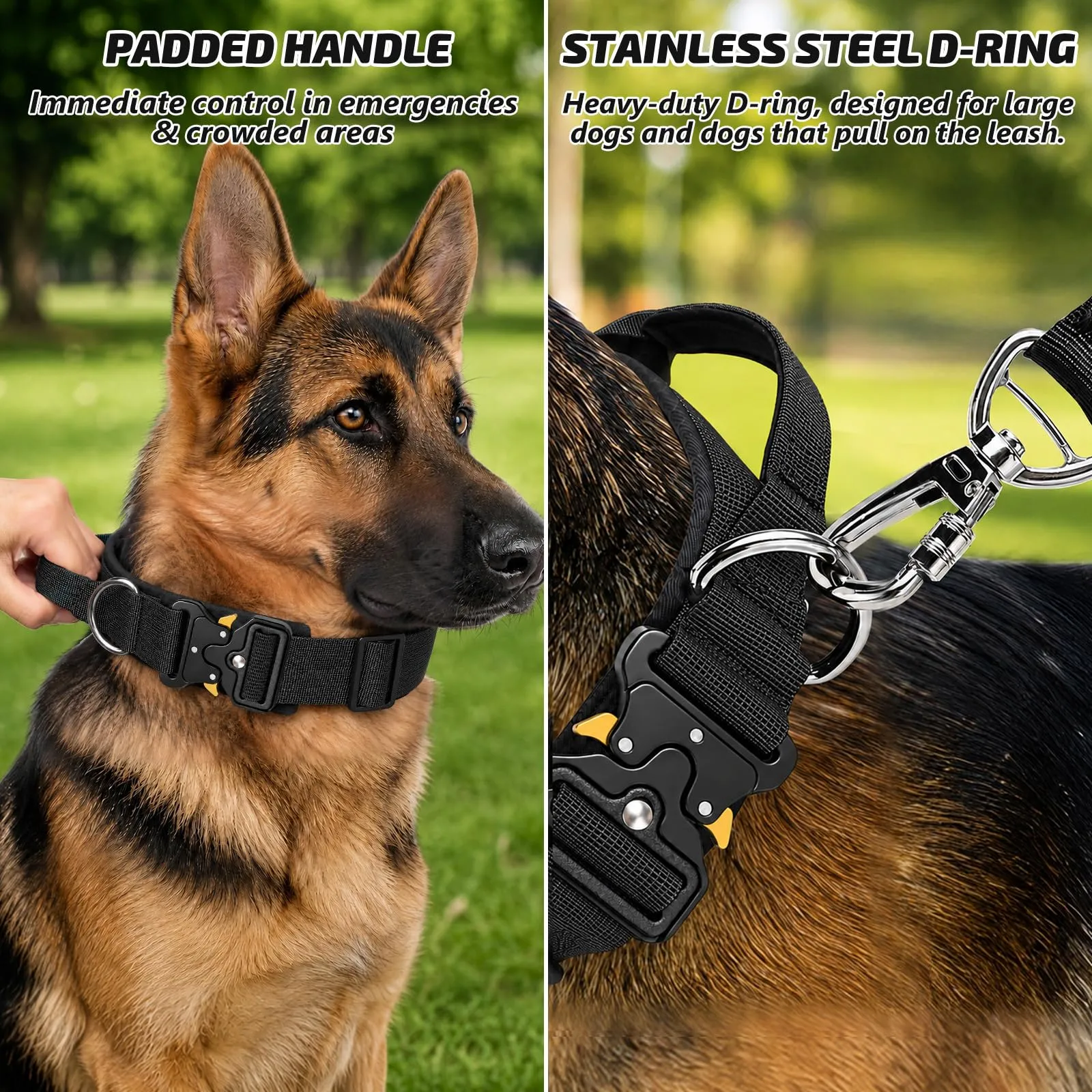 Collare Cane, Collare Tattico Regolabile per Cani Taglia Grande e Media, Larga 3,8 cm, Collari Militare in Nylon per Cani con Maniglia e Robusta Fibbia Metallica Sblocco Rapido (Nero, L) - immagine 3