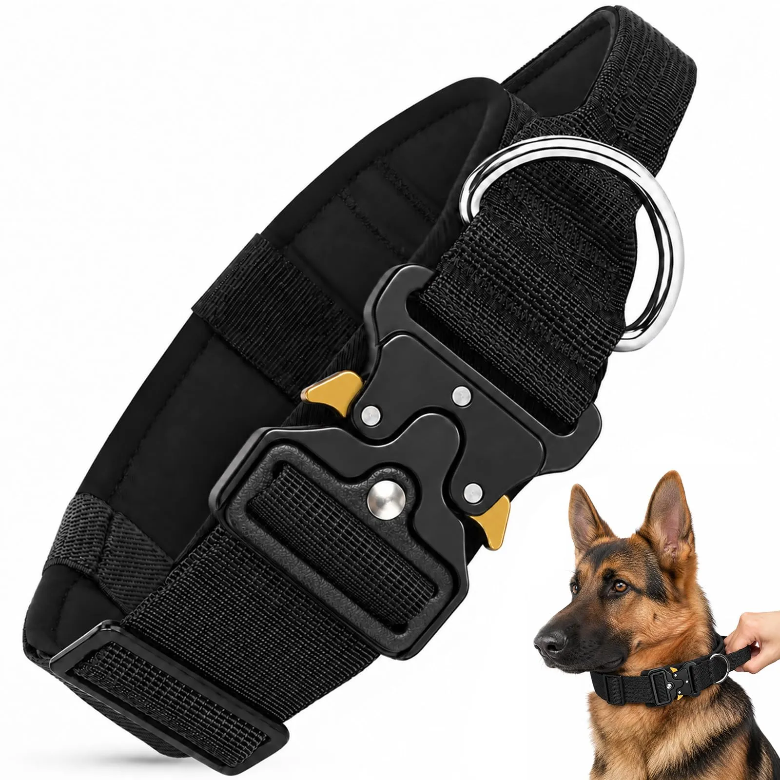 Collare Cane, Collare Tattico Regolabile per Cani Taglia Grande e Media, Larga 3,8 cm, Collari Militare in Nylon per Cani con Maniglia e Robusta Fibbia Metallica Sblocco Rapido (Nero, M) - immagine 1