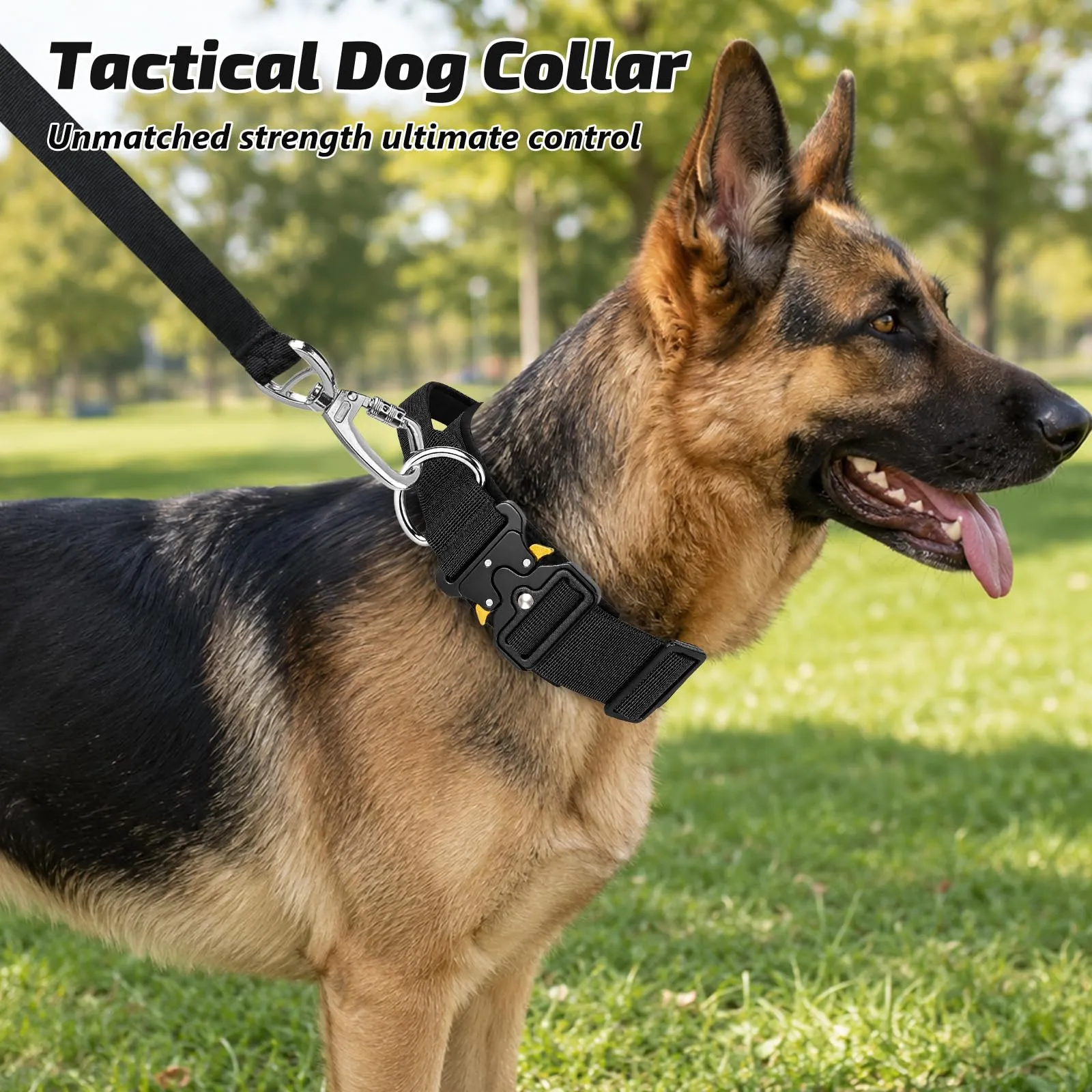 Collare Cane, Collare Tattico Regolabile per Cani Taglia Grande e Media, Larga 3,8 cm, Collari Militare in Nylon per Cani con Maniglia e Robusta Fibbia Metallica Sblocco Rapido (Nero, M) - immagine 7