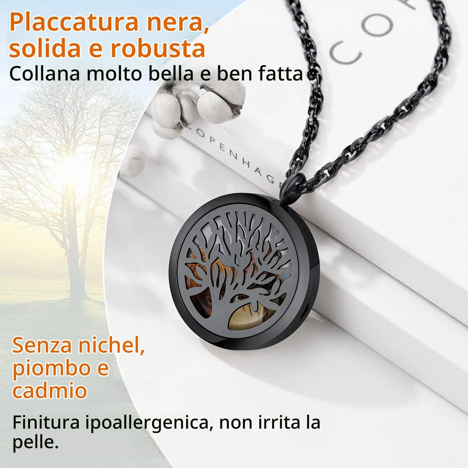 PROSTEEL Ciondolo Portafoto in Acciaio Inossidabile Nero Albero della Vita Collana con Foto Ciondolo Personalizzato - immagine 3