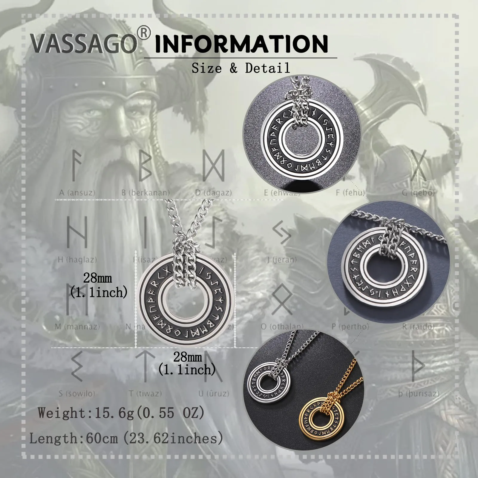 VASSAGO Collana Vintage con Rune vichinghe norrene, Corsair Runic Elder Futhark Anello Cerchio Talismano Ciondolo Catena in Pelle, Gioielli Regalo Vichinghi per Uomini e Donne - immagine 3