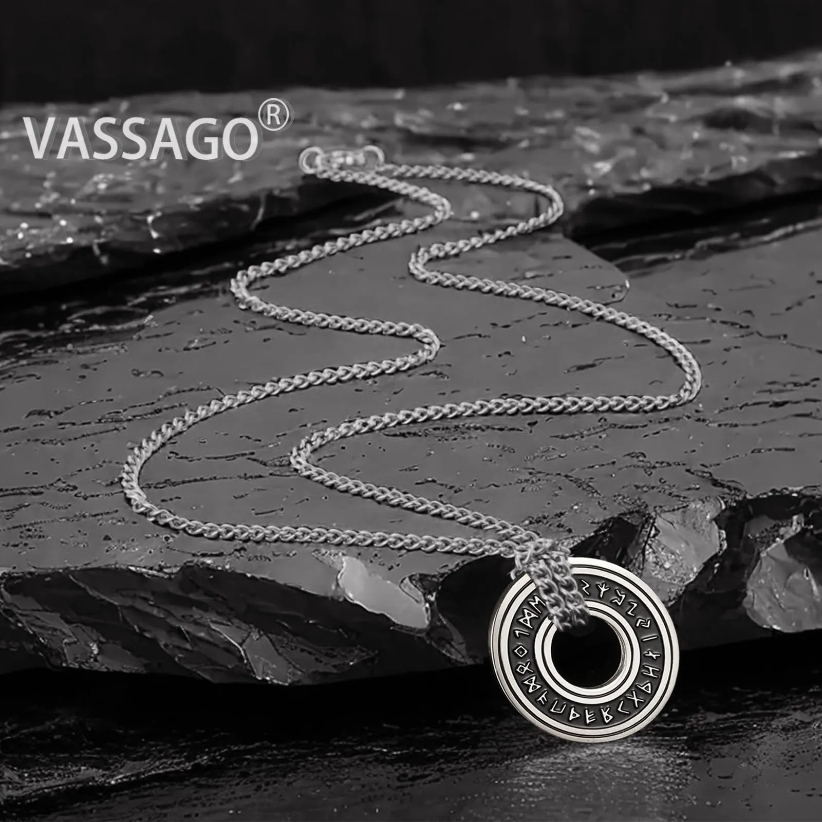VASSAGO Collana Vintage con Rune vichinghe norrene, Corsair Runic Elder Futhark Anello Cerchio Talismano Ciondolo Catena in Pelle, Gioielli Regalo Vichinghi per Uomini e Donne - immagine 5