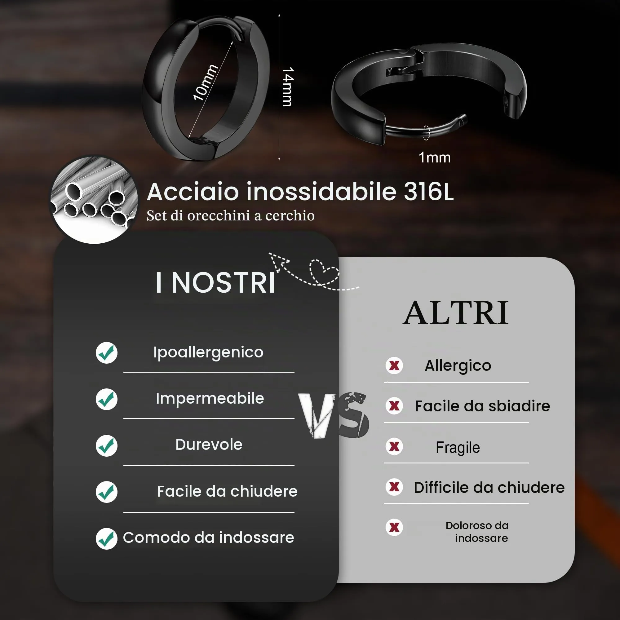 Adramata 6 Coppe Orecchini Uomo Cerchio Acciaio Chirurgico Set Piercings Punk Cartilaginea Piccoli Nero Donna - immagine 2