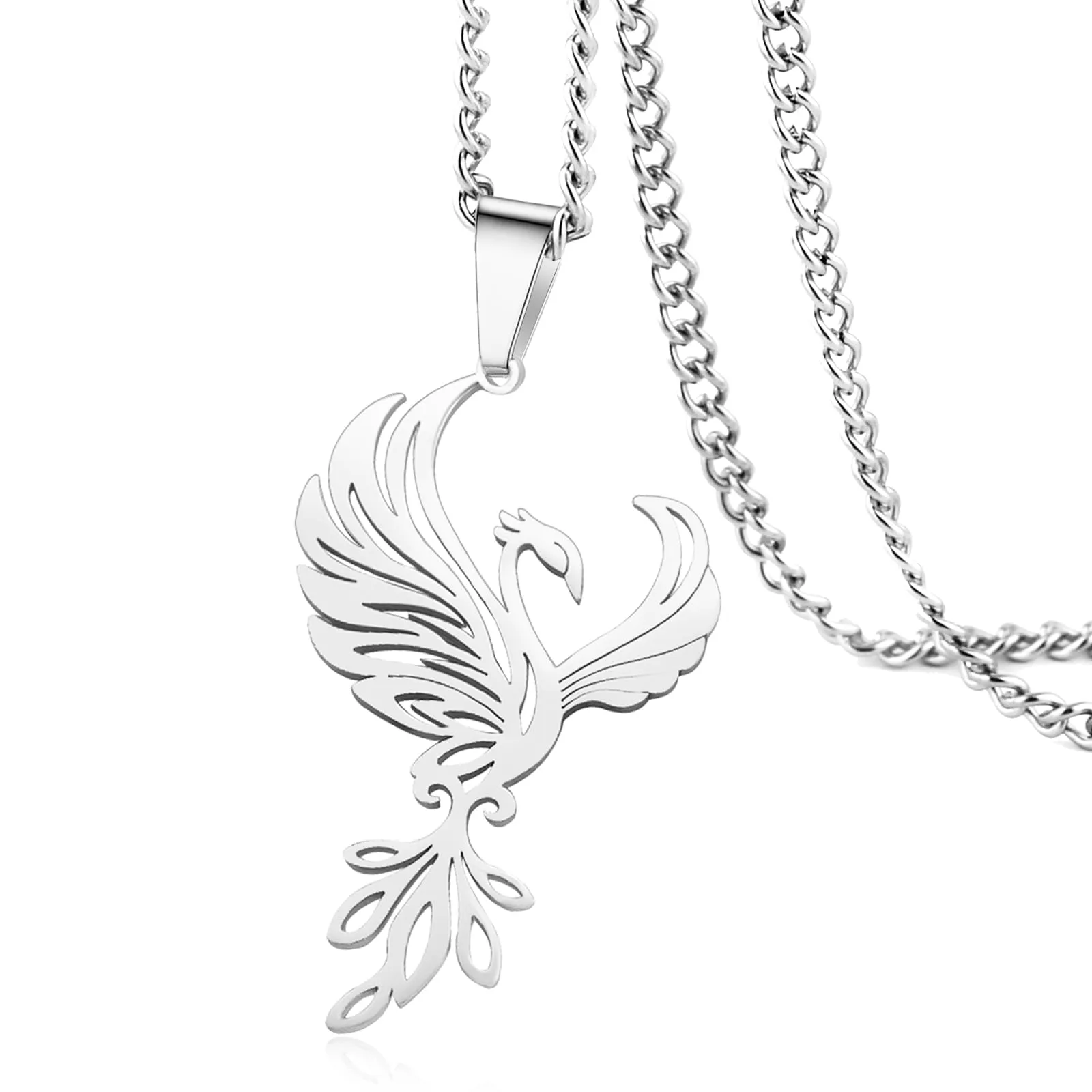 VASSAGO Collana di fenice nascente per donne Collana con ciondolo di uccello di fuoco in acciaio inox per uomini Regali di gioielli alla moda (Collana Fenice Argento) - immagine 1