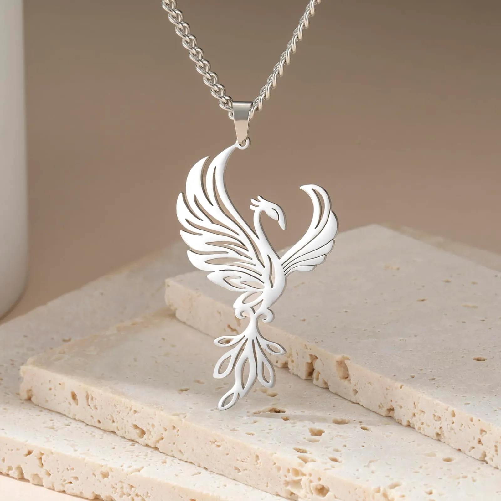 VASSAGO Collana di fenice nascente per donne Collana con ciondolo di uccello di fuoco in acciaio inox per uomini Regali di gioielli alla moda (Collana Fenice Argento) - immagine 3