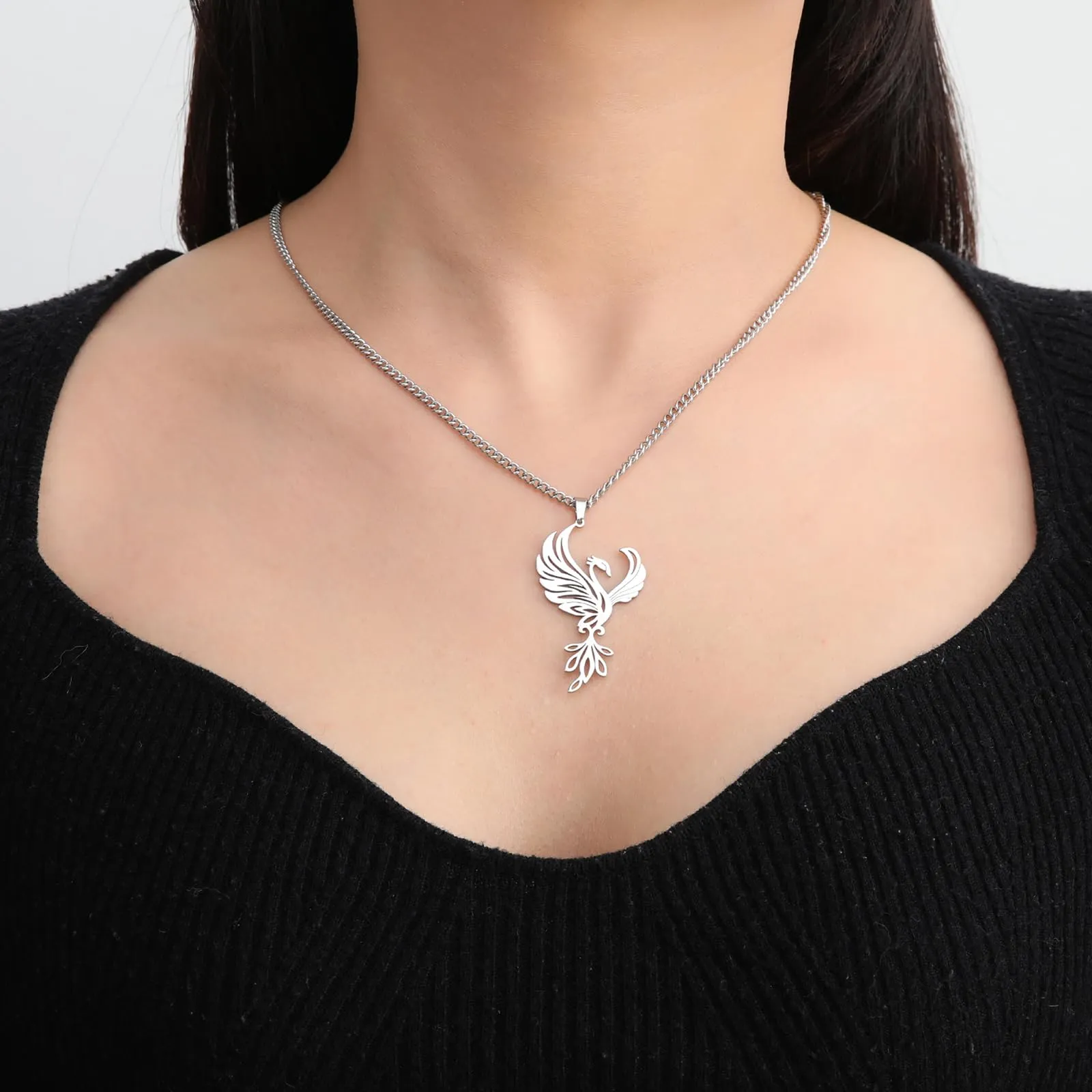 VASSAGO Collana di fenice nascente per donne Collana con ciondolo di uccello di fuoco in acciaio inox per uomini Regali di gioielli alla moda (Collana Fenice Argento) - immagine 5