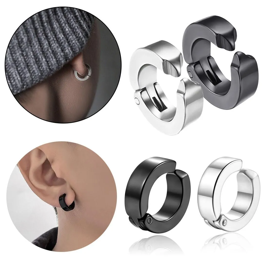 LEEQ Orecchini da Uomo Donna in Acciaio Inossidabile - Clip Senza Buco Inossidabile cerchi orecchini non piercing clip on uomo in acciaio,Senza Buco finti, cerchi, non piercing Clip on, 4 Paia - immagine 5