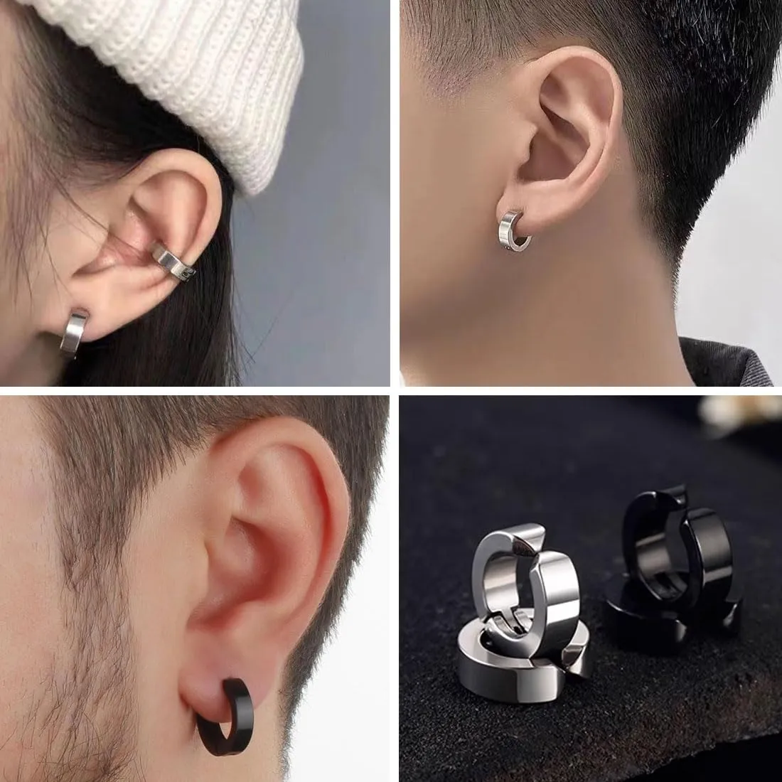 LEEQ Orecchini da Uomo Donna in Acciaio Inossidabile - Clip Senza Buco Inossidabile cerchi orecchini non piercing clip on uomo in acciaio,Senza Buco finti, cerchi, non piercing Clip on, 4 Paia - immagine 6