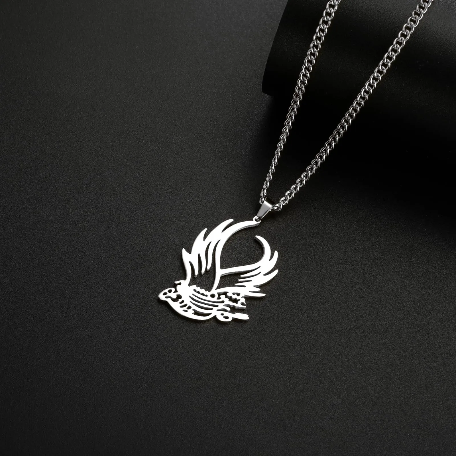 VASSAGO Collana di fenice nascente per donne Collana con ciondolo di uccello di fuoco in acciaio inox per uomini Regali di gioielli alla moda (Collana d'argento con uccelli) - immagine 4