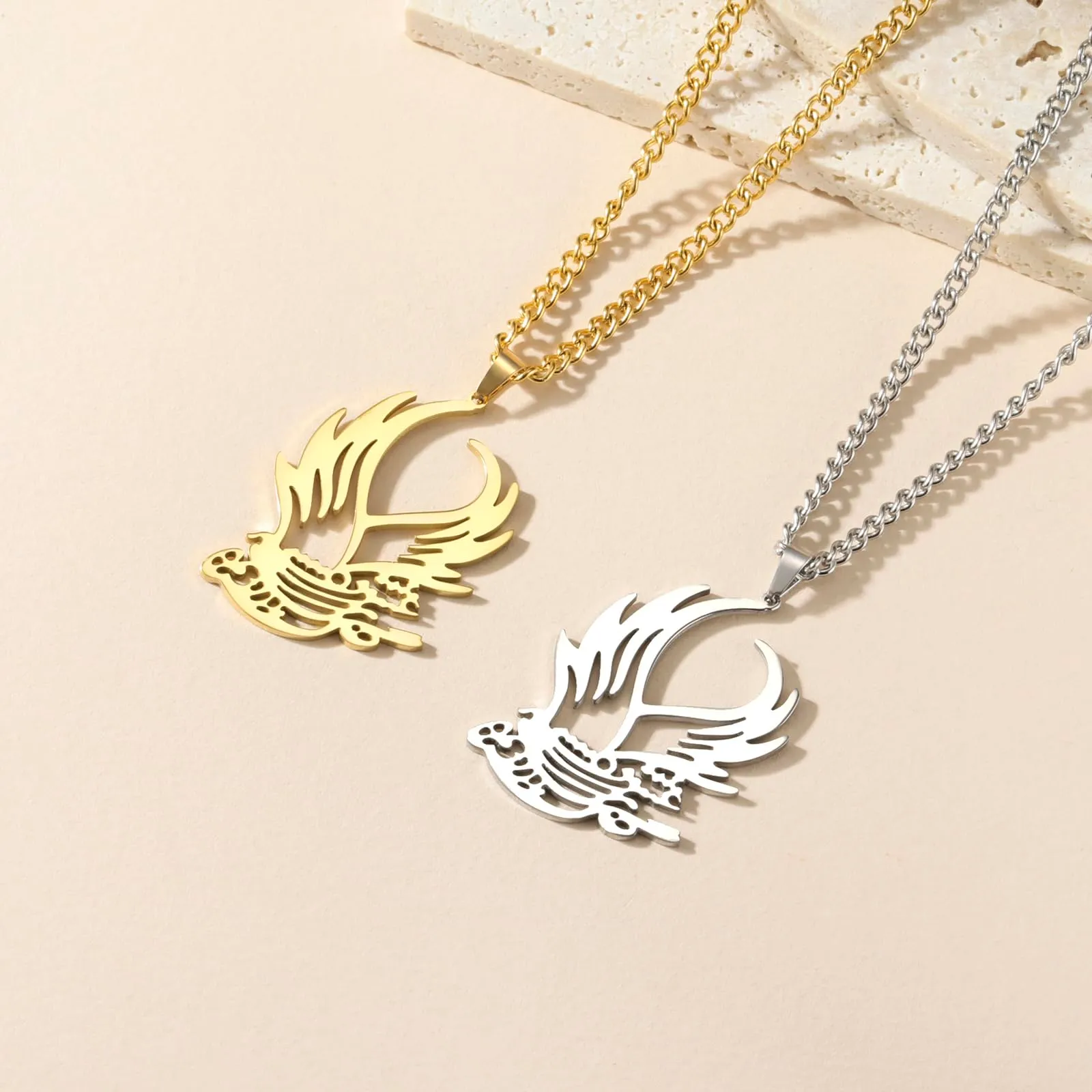 VASSAGO Collana di fenice nascente per donne Collana con ciondolo di uccello di fuoco in acciaio inox per uomini Regali di gioielli alla moda (Collana d'argento con uccelli) - immagine 5