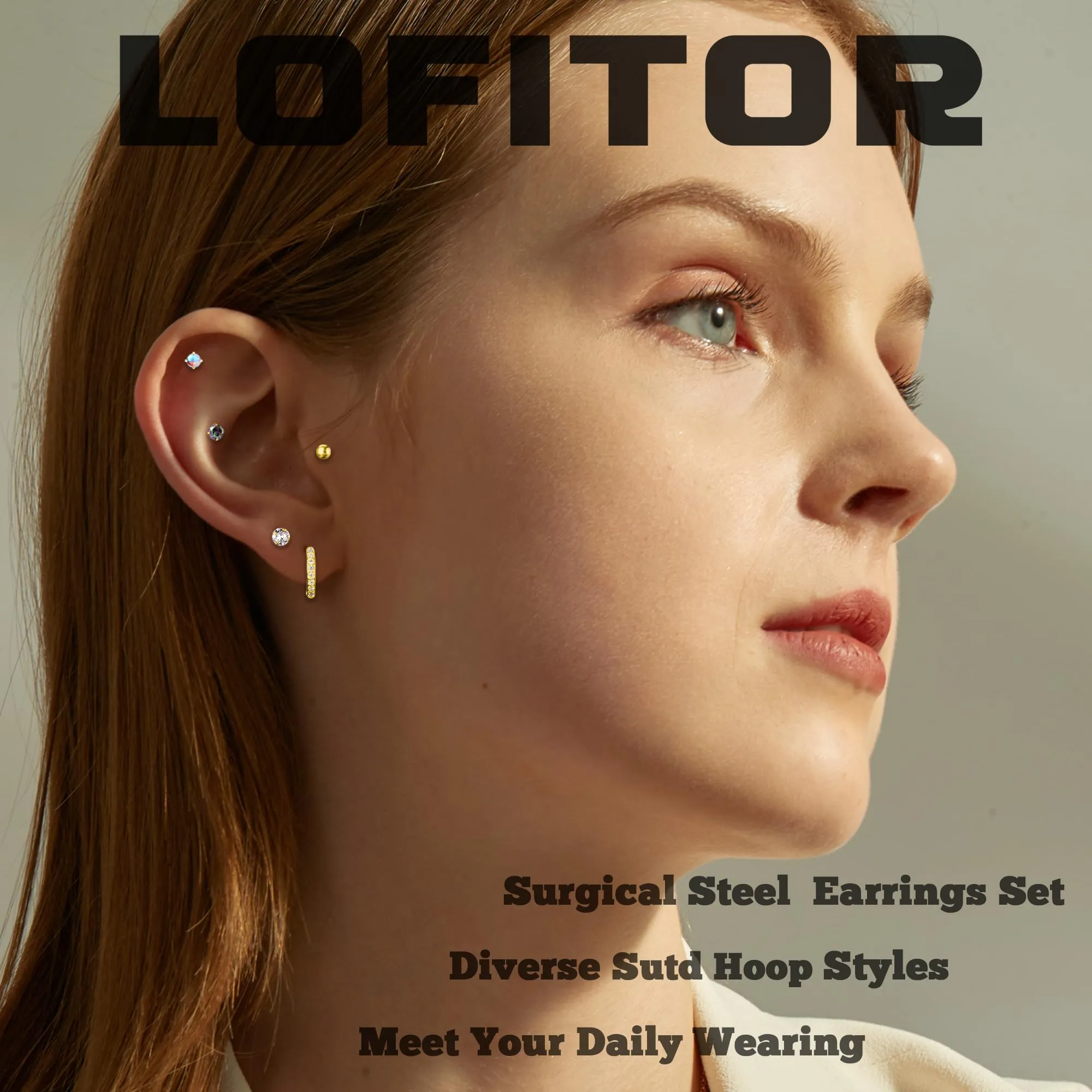 LOFITOR 16 Paia Orecchini Base Piatta Acciaio Chirurgico, Ipoallergenici per Cartilagine Orecchie Sensibili, Piccoli Huggie, CZ Sfera, Set Stud per Uomo Donna Oro - immagine 2