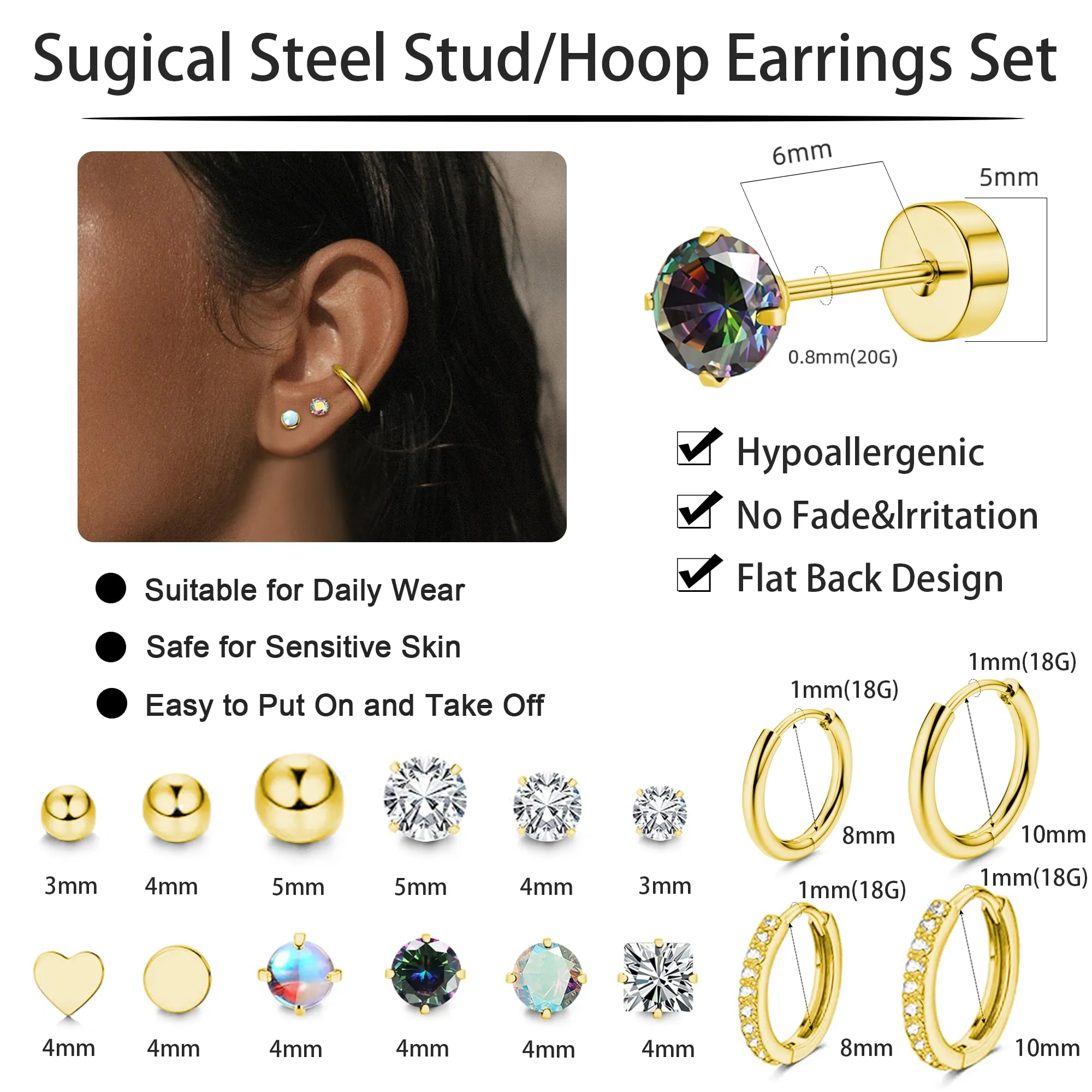 LOFITOR 16 Paia Orecchini Base Piatta Acciaio Chirurgico, Ipoallergenici per Cartilagine Orecchie Sensibili, Piccoli Huggie, CZ Sfera, Set Stud per Uomo Donna Oro - immagine 4