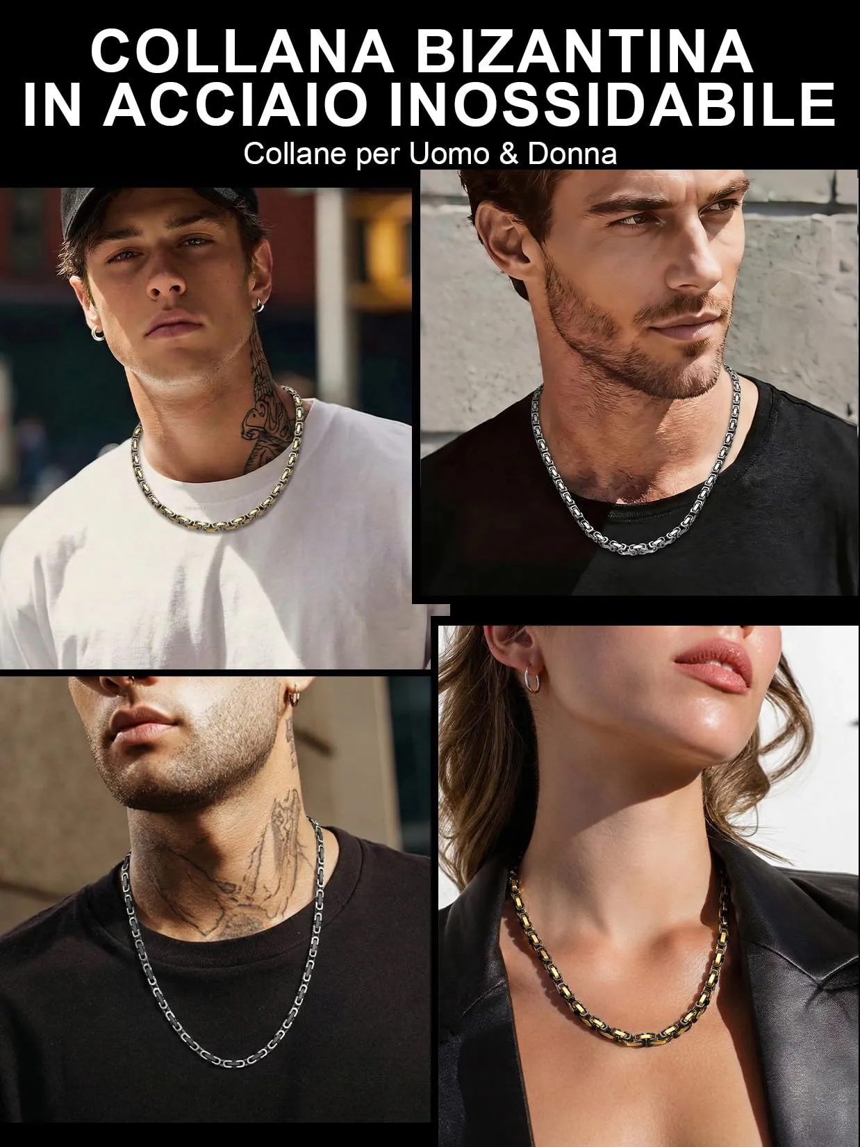 ChainsPro Collana in Acciaio Inossidabile Uomo Donna, 4mm Catena Bizantina Argento/Oro/Nero 46-76cm, Necklace for Men, Idee Regalo - immagine 7