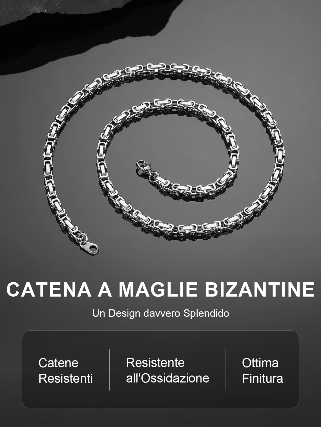 ChainsPro Collana Uomo Donna in Acciaio Inossidabile, 4 mm Catena Collana Uomo Argento Lunga 55cm, Collana Bizantina Uomo Ragazzo Necklace for Men Hiphop Rapper, Idee Regalo per Natale Compleanno - immagine 4