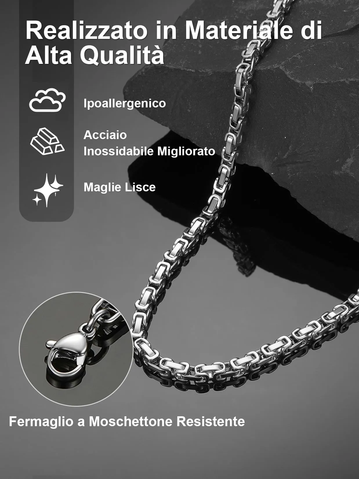 ChainsPro Collana Uomo Donna in Acciaio Inossidabile, 4 mm Catena Collana Uomo Argento Lunga 76cm, Collana Bizantina Uomo Ragazzo Necklace for Men Hiphop Rapper, Idee Regalo per Natale Compleanno - immagine 4