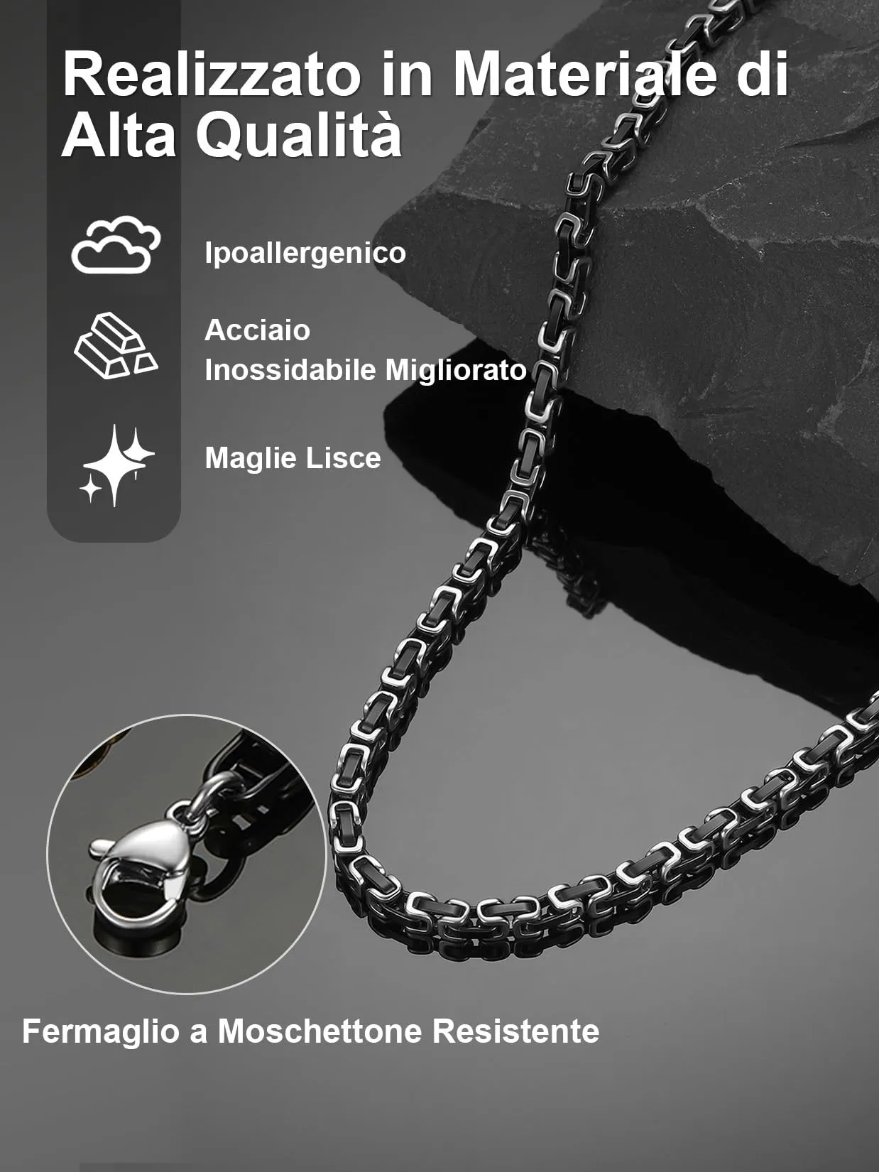 ChainsPro Collana Uomo in Acciaio Inossidabile, Catena Bizantina 4mm Argento/Oro/Nero 46-76cm, Necklace for Men, Idee Regalo - immagine 5