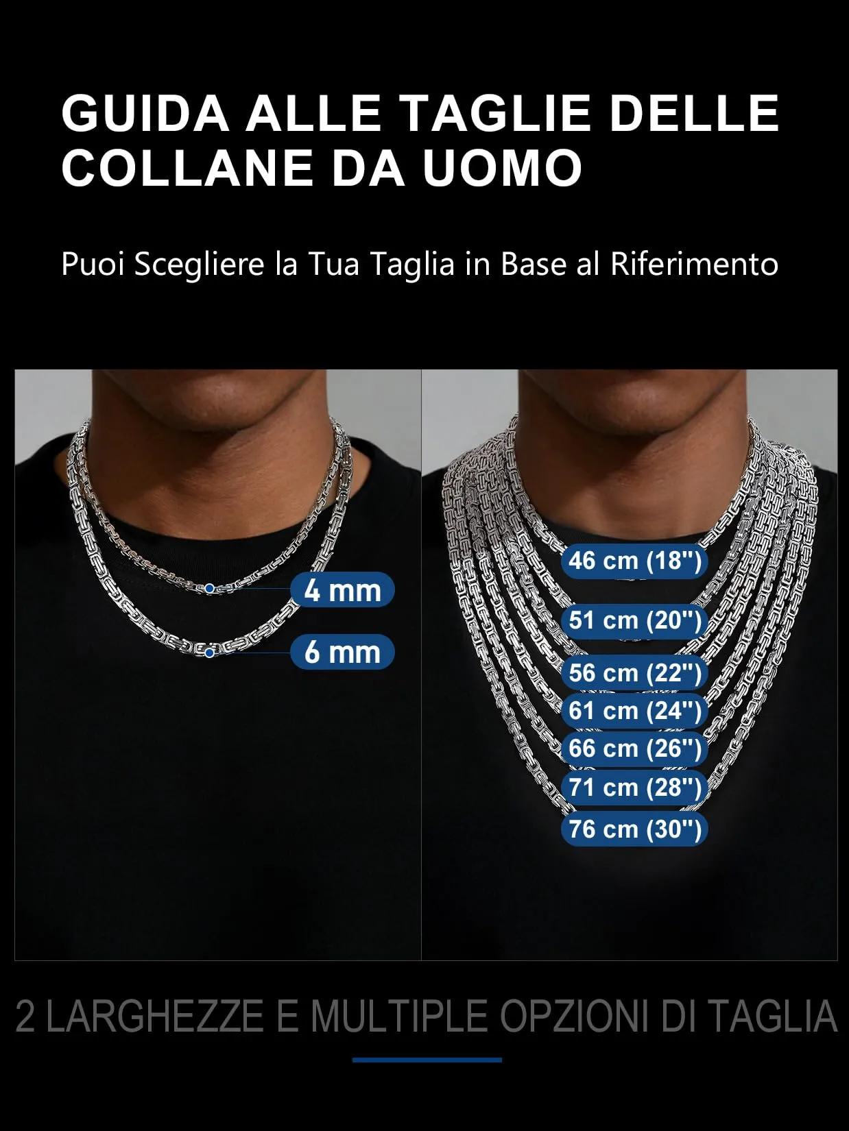 ChainsPro Collana Uomo in Acciaio Inossidabile, Catena Bizantina 4mm Argento/Oro/Nero 46-76cm, Necklace for Men, Idee Regalo - immagine 6