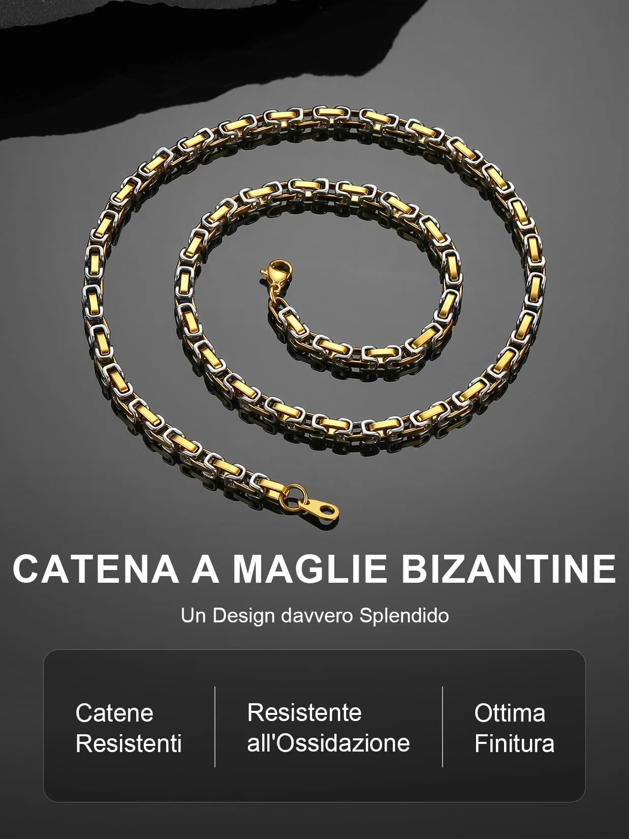 ChainsPro Collana in Acciaio Inossidabile Uomo e Donna, Catena Bizantina 4mm Argento/Oro/Nero 46-76cm, Necklace for Men, Idee Regalo - immagine 4