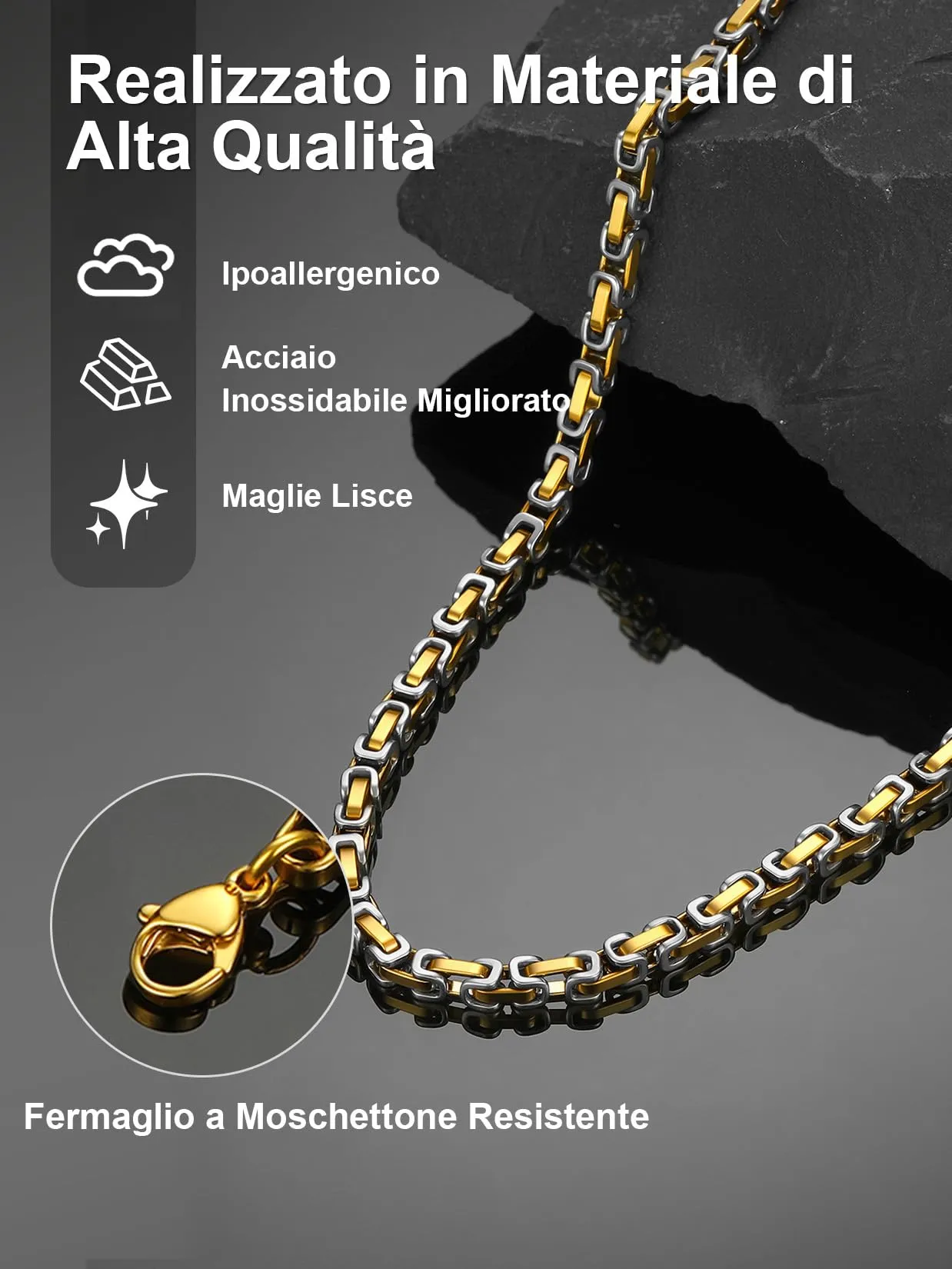 ChainsPro Collana Uomo Donna in Acciaio Inossidabile, 4 mm Catena Collana Uomo Oro Argento Lunga 71cm, Collana Bizantina Uomo Ragazzo Necklace for Men Hiphop Rapper, Idee Regalo per Natale Compleanno - immagine 5