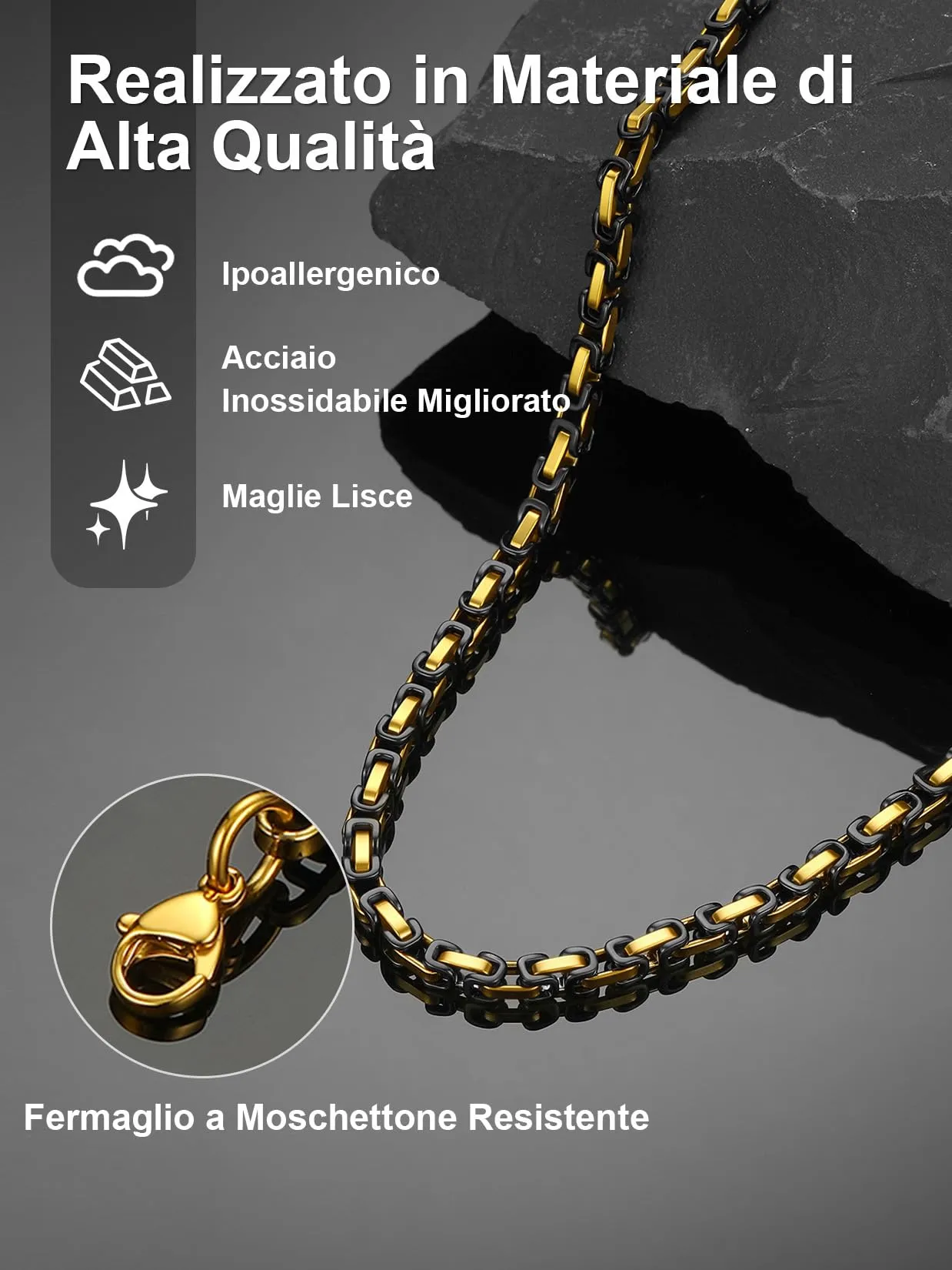 ChainsPro Collana Uomo Donna in Acciaio Inossidabile, 4 mm Catena Collana Uomo Oro Nero Lunga 61cm, Collana Bizantina Uomo Ragazzo Necklace for Men Hiphop Rapper, Idee Regalo per Natale Compleanno - immagine 5