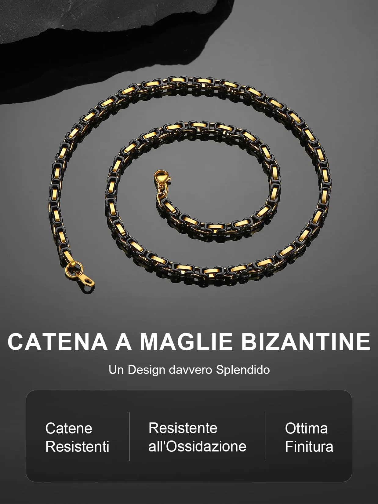 ChainsPro Collana Uomo Donna in Acciaio Inossidabile, 4 mm Catena Uomo Donna Oro Nero Lunga 55cm, Collana Bizantina Uomo Ragazzo - immagine 4