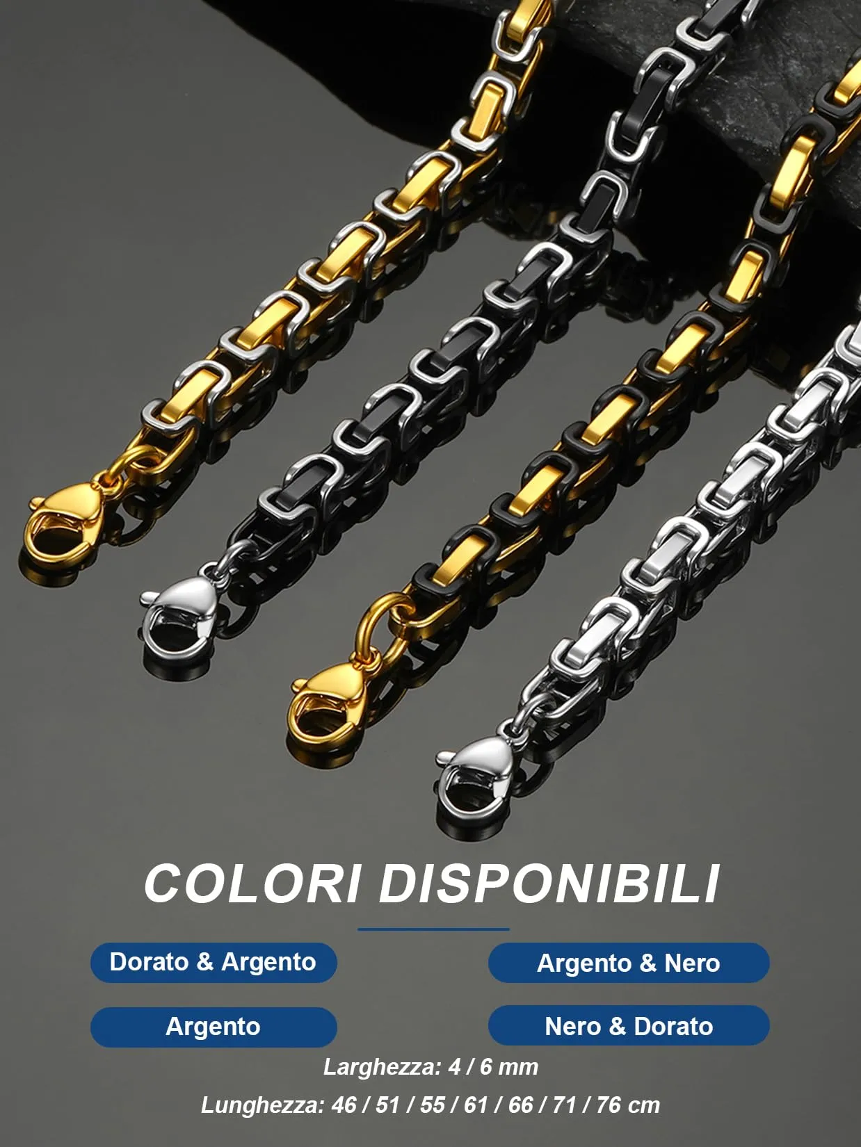 ChainsPro Collana Uomo Donna in Acciaio Inossidabile, 4 mm Catena Uomo Donna Oro Nero Lunga 55cm, Collana Bizantina Uomo Ragazzo - immagine 7