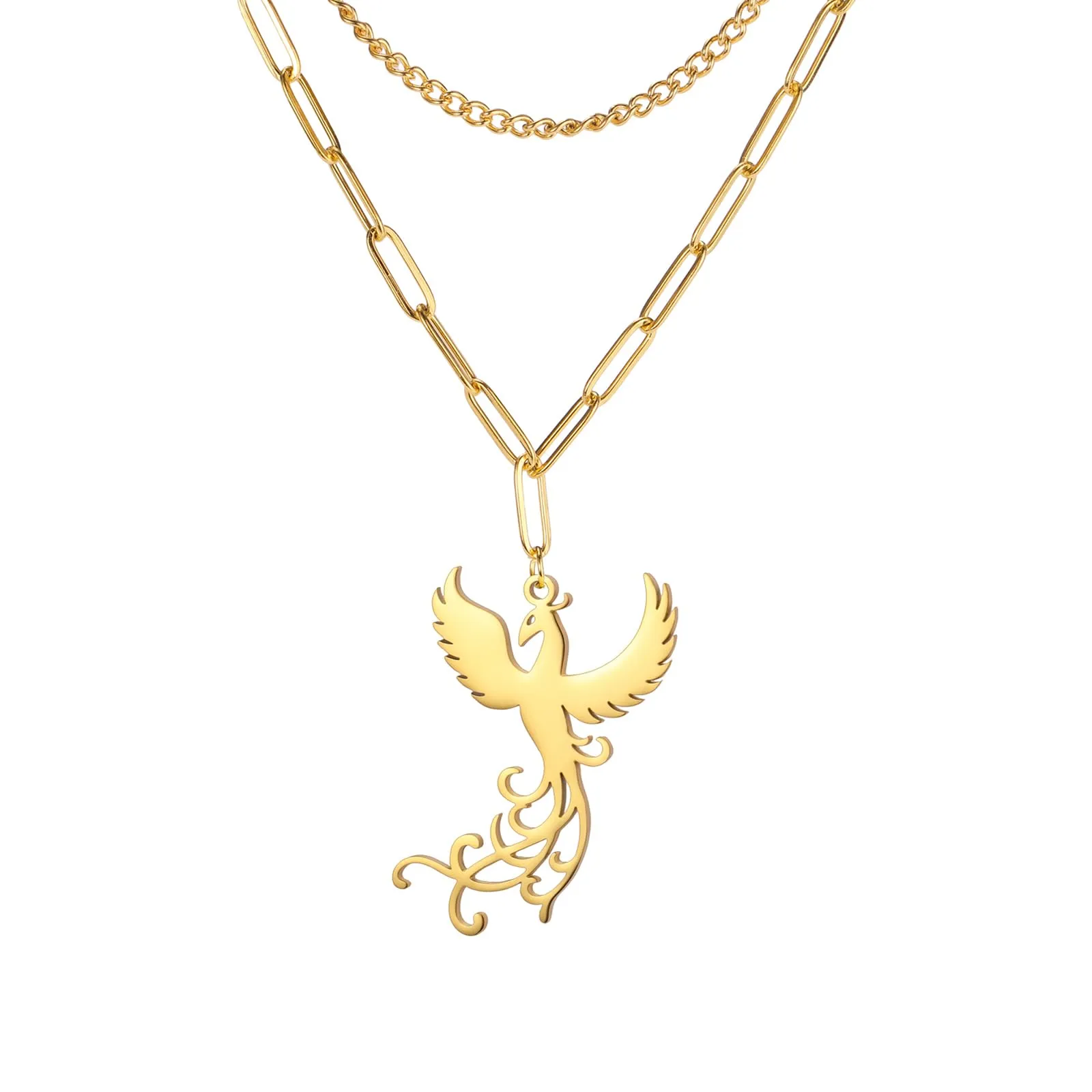 VASSAGO Collana di fenice nascente per donne Collana con ciondolo di uccello di fuoco in acciaio inox per uomini Regali di gioielli alla moda (catena di fermagli in oro) - immagine 1