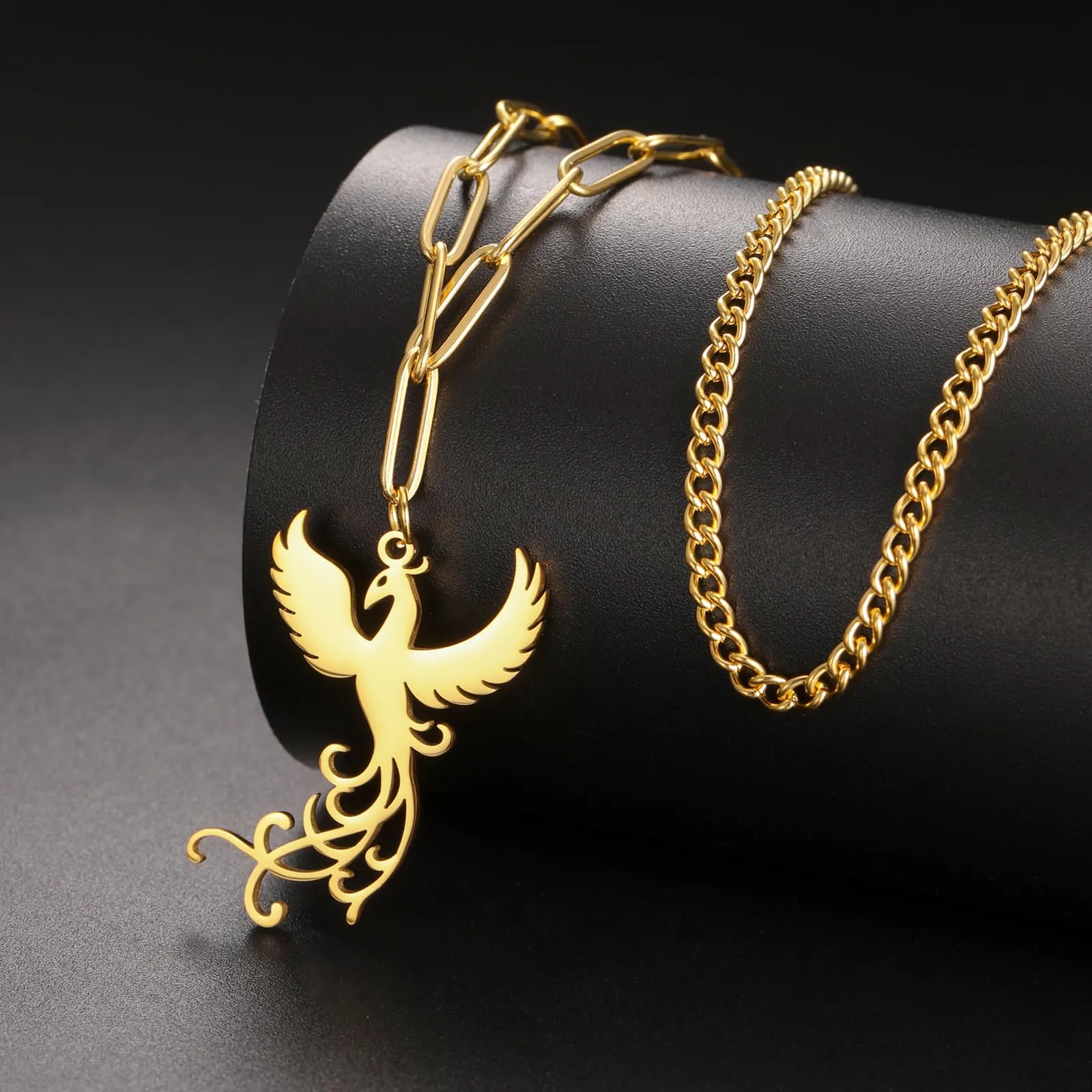 VASSAGO Collana di fenice nascente per donne Collana con ciondolo di uccello di fuoco in acciaio inox per uomini Regali di gioielli alla moda (catena di fermagli in oro) - immagine 2