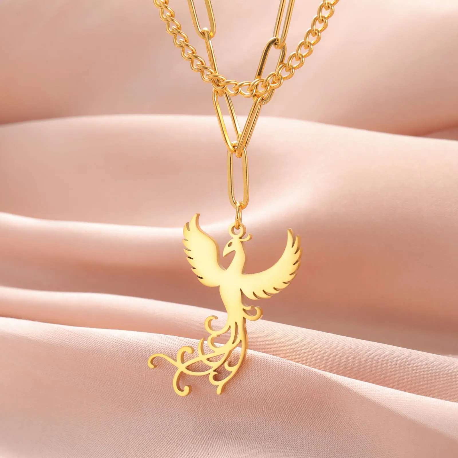 VASSAGO Collana di fenice nascente per donne Collana con ciondolo di uccello di fuoco in acciaio inox per uomini Regali di gioielli alla moda (catena di fermagli in oro) - immagine 4