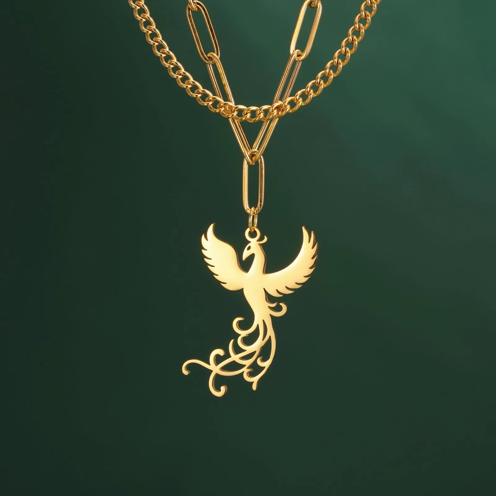 VASSAGO Collana di fenice nascente per donne Collana con ciondolo di uccello di fuoco in acciaio inox per uomini Regali di gioielli alla moda (catena di fermagli in oro) - immagine 5