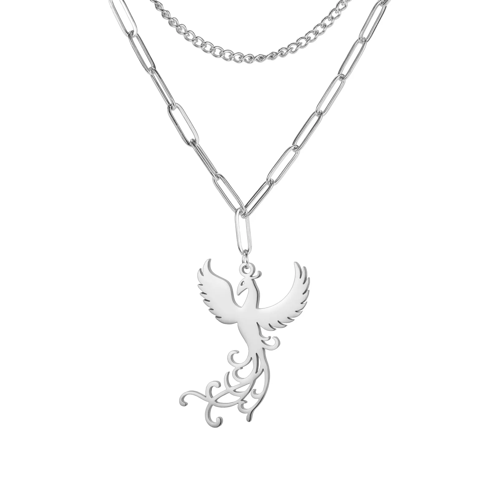 VASSAGO Collana di fenice nascente per donne Collana con ciondolo di uccello di fuoco in acciaio inox per uomini Regali di gioielli alla moda (catena di graffette in argento) - immagine 1