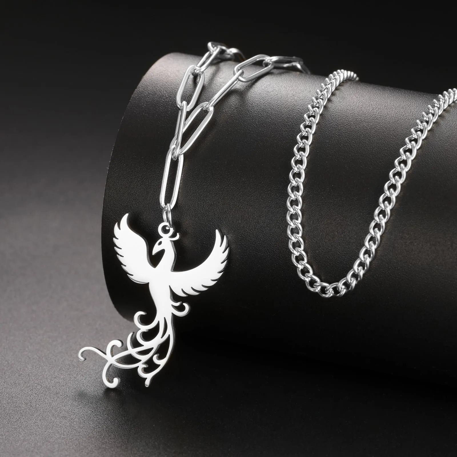 VASSAGO Collana di fenice nascente per donne Collana con ciondolo di uccello di fuoco in acciaio inox per uomini Regali di gioielli alla moda (catena di graffette in argento) - immagine 2