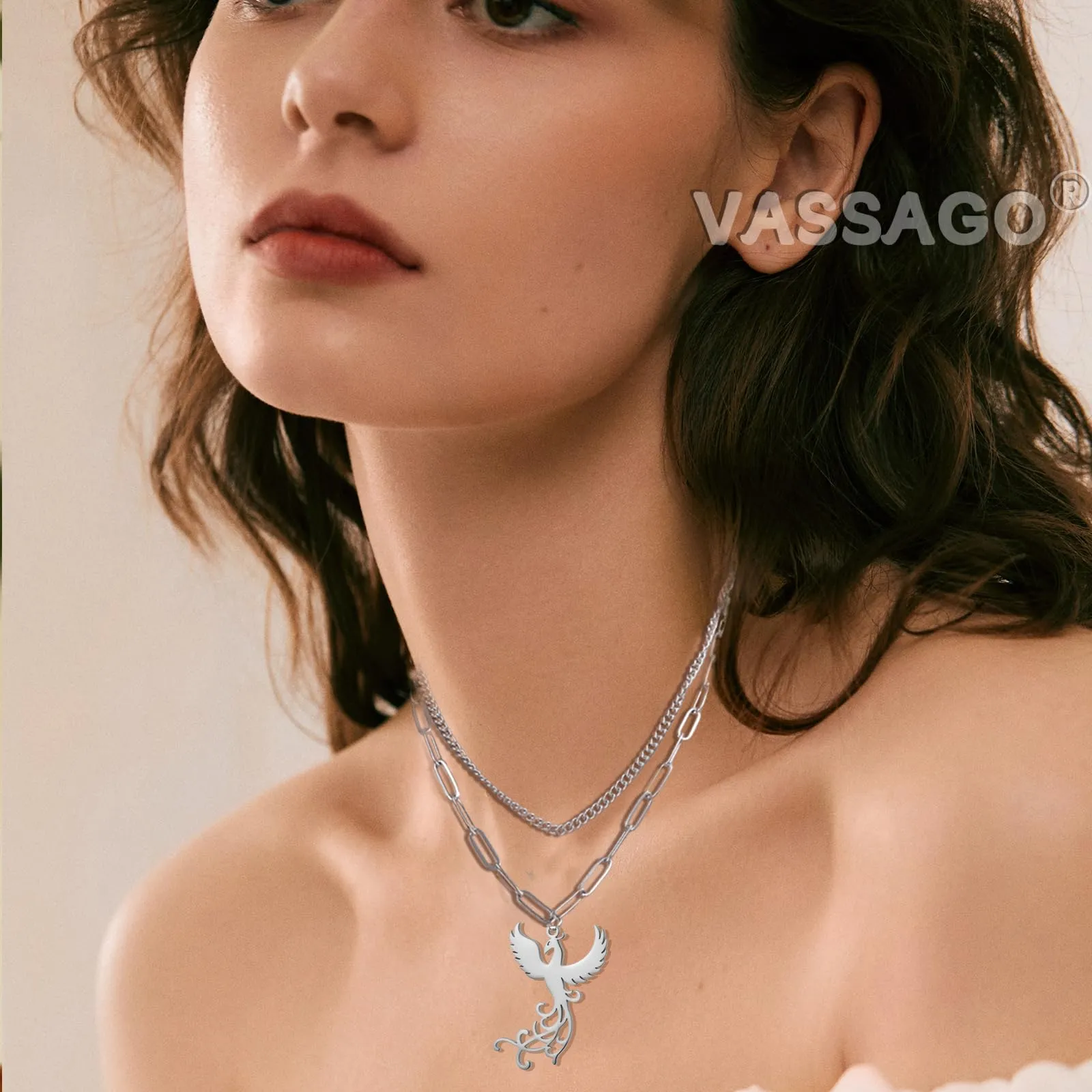 VASSAGO Collana di fenice nascente per donne Collana con ciondolo di uccello di fuoco in acciaio inox per uomini Regali di gioielli alla moda (catena di graffette in argento) - immagine 3