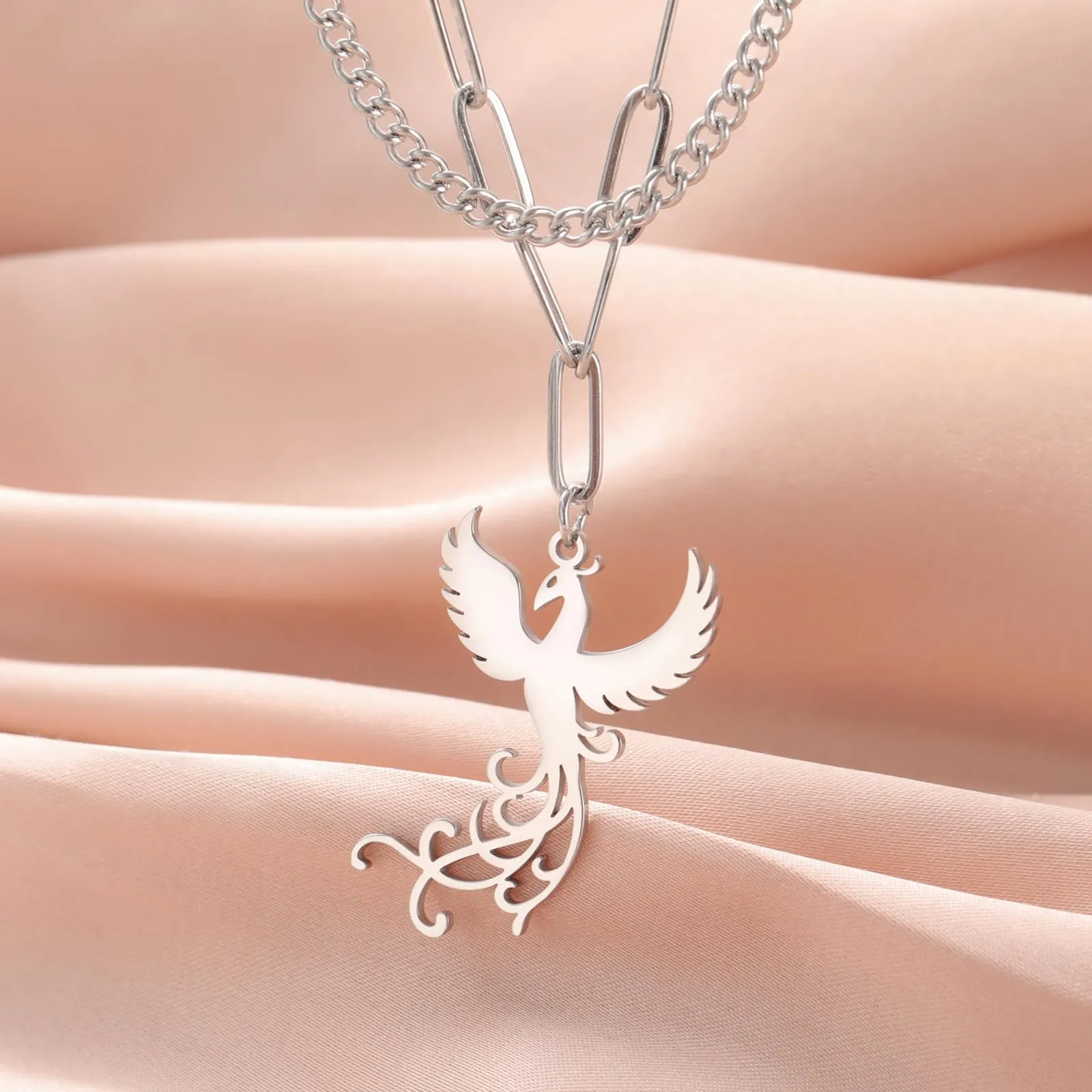 VASSAGO Collana di fenice nascente per donne Collana con ciondolo di uccello di fuoco in acciaio inox per uomini Regali di gioielli alla moda (catena di graffette in argento) - immagine 4
