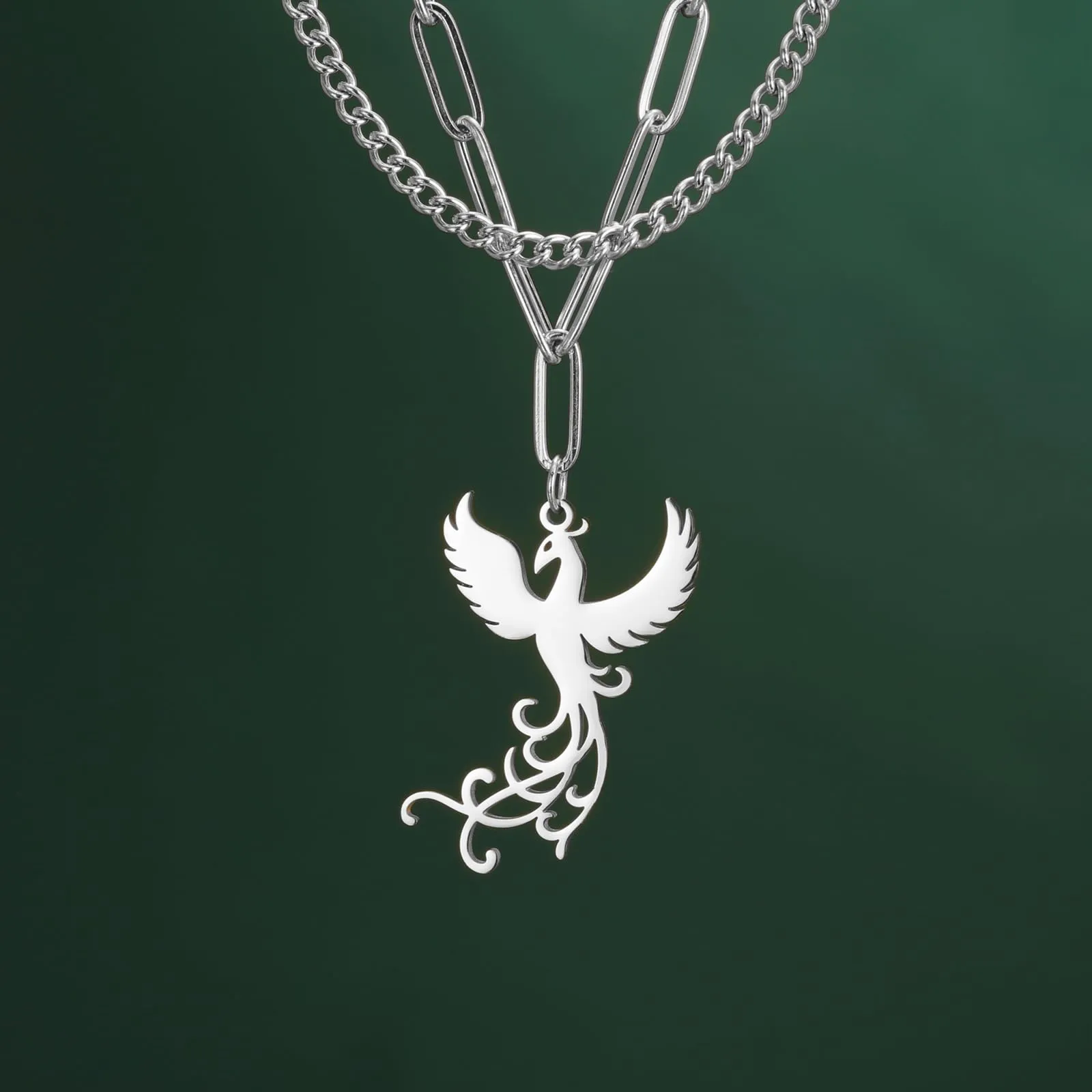 VASSAGO Collana di fenice nascente per donne Collana con ciondolo di uccello di fuoco in acciaio inox per uomini Regali di gioielli alla moda (catena di graffette in argento) - immagine 5