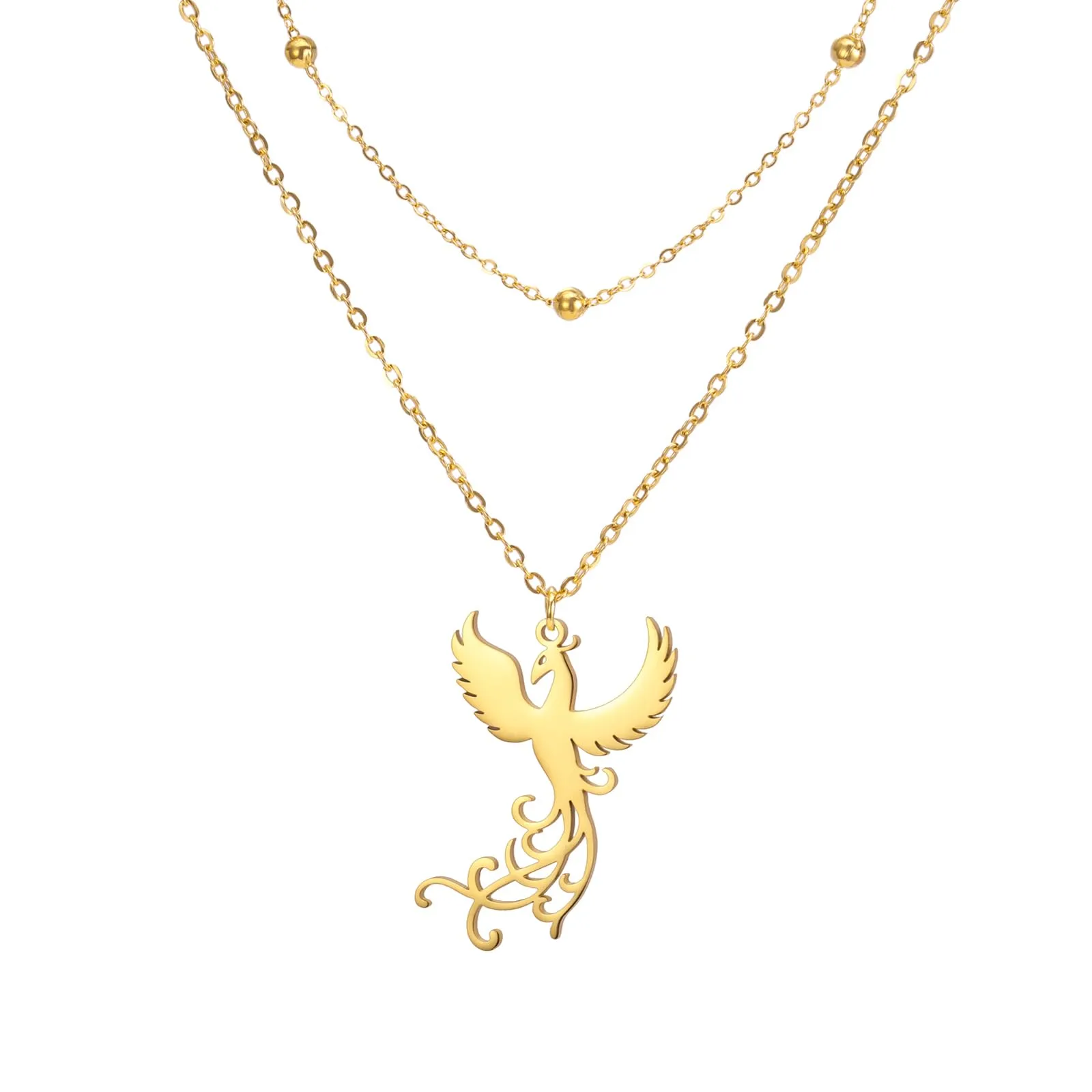 VASSAGO Collana di fenice nascente per donne Collana con ciondolo di uccello di fuoco in acciaio inox per uomini Regali di gioielli alla moda (Catena di perline d'oro) - immagine 1