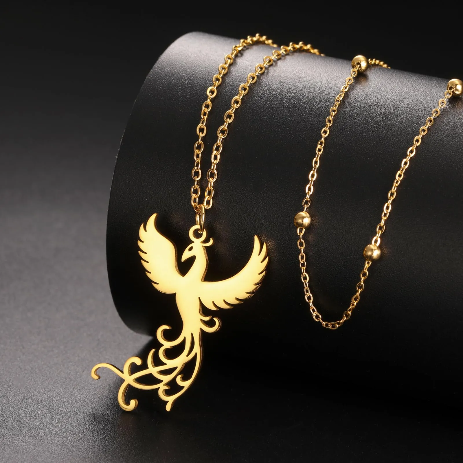 VASSAGO Collana di fenice nascente per donne Collana con ciondolo di uccello di fuoco in acciaio inox per uomini Regali di gioielli alla moda (Catena di perline d'oro) - immagine 2