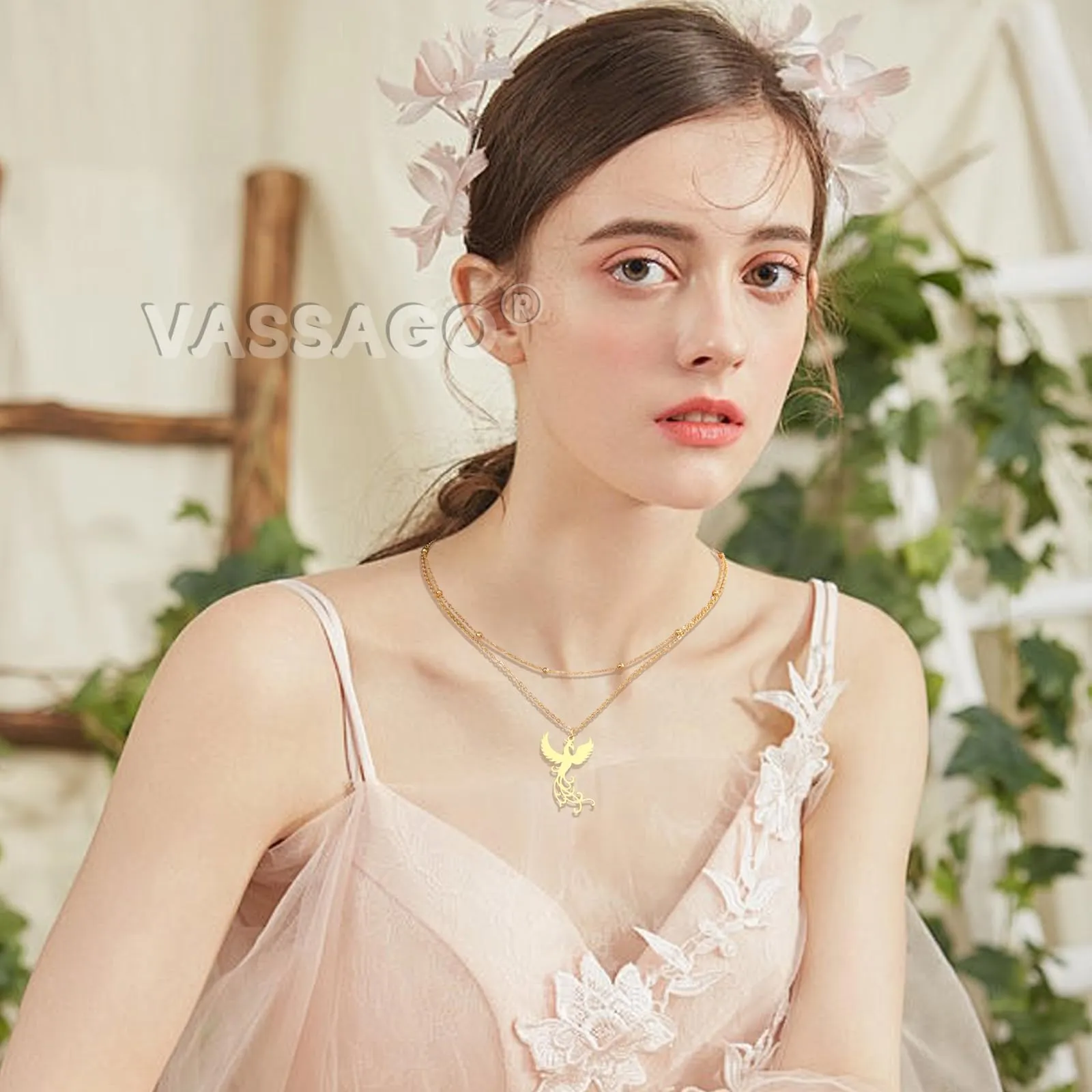 VASSAGO Collana di fenice nascente per donne Collana con ciondolo di uccello di fuoco in acciaio inox per uomini Regali di gioielli alla moda (Catena di perline d'oro) - immagine 3