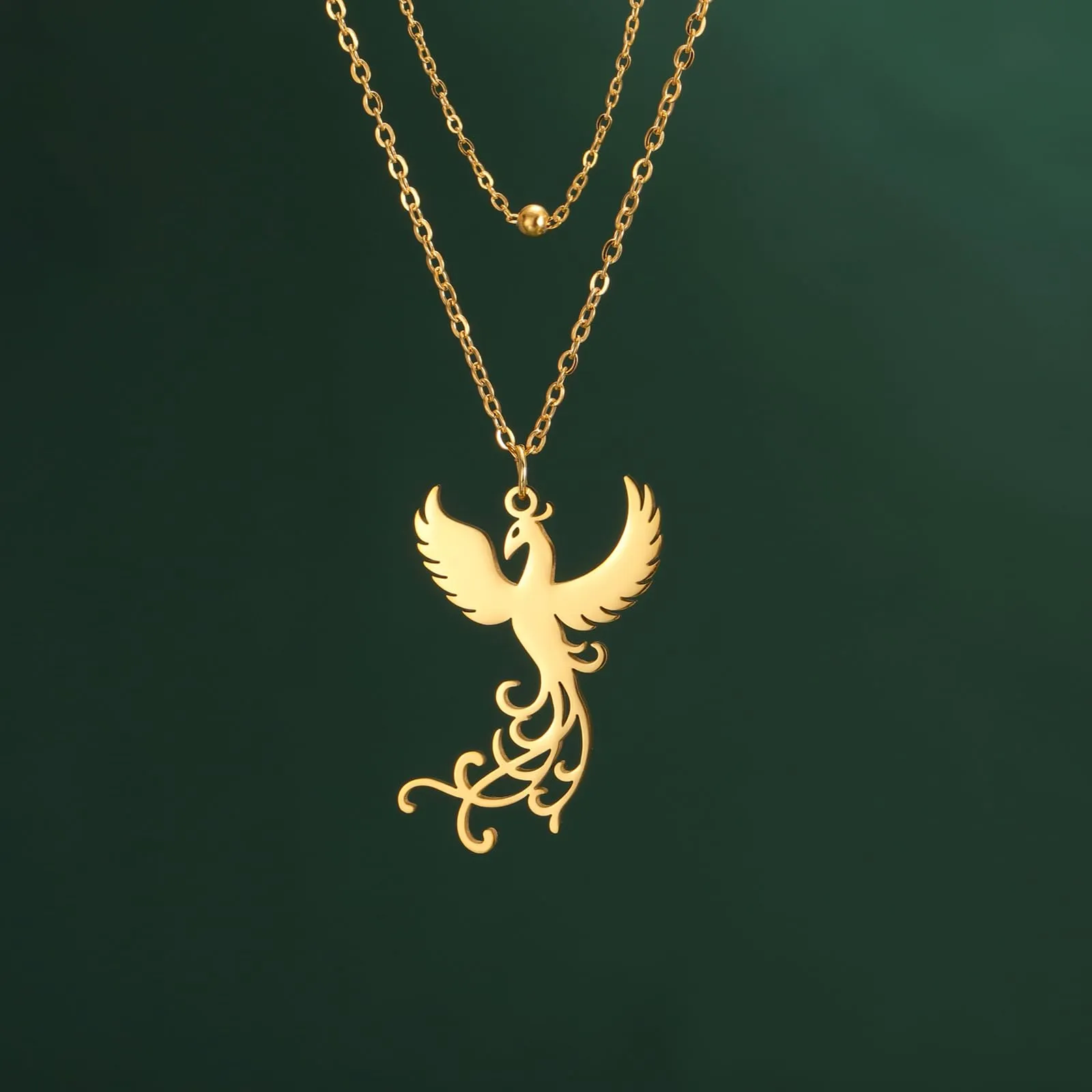 VASSAGO Collana di fenice nascente per donne Collana con ciondolo di uccello di fuoco in acciaio inox per uomini Regali di gioielli alla moda (Catena di perline d'oro) - immagine 4