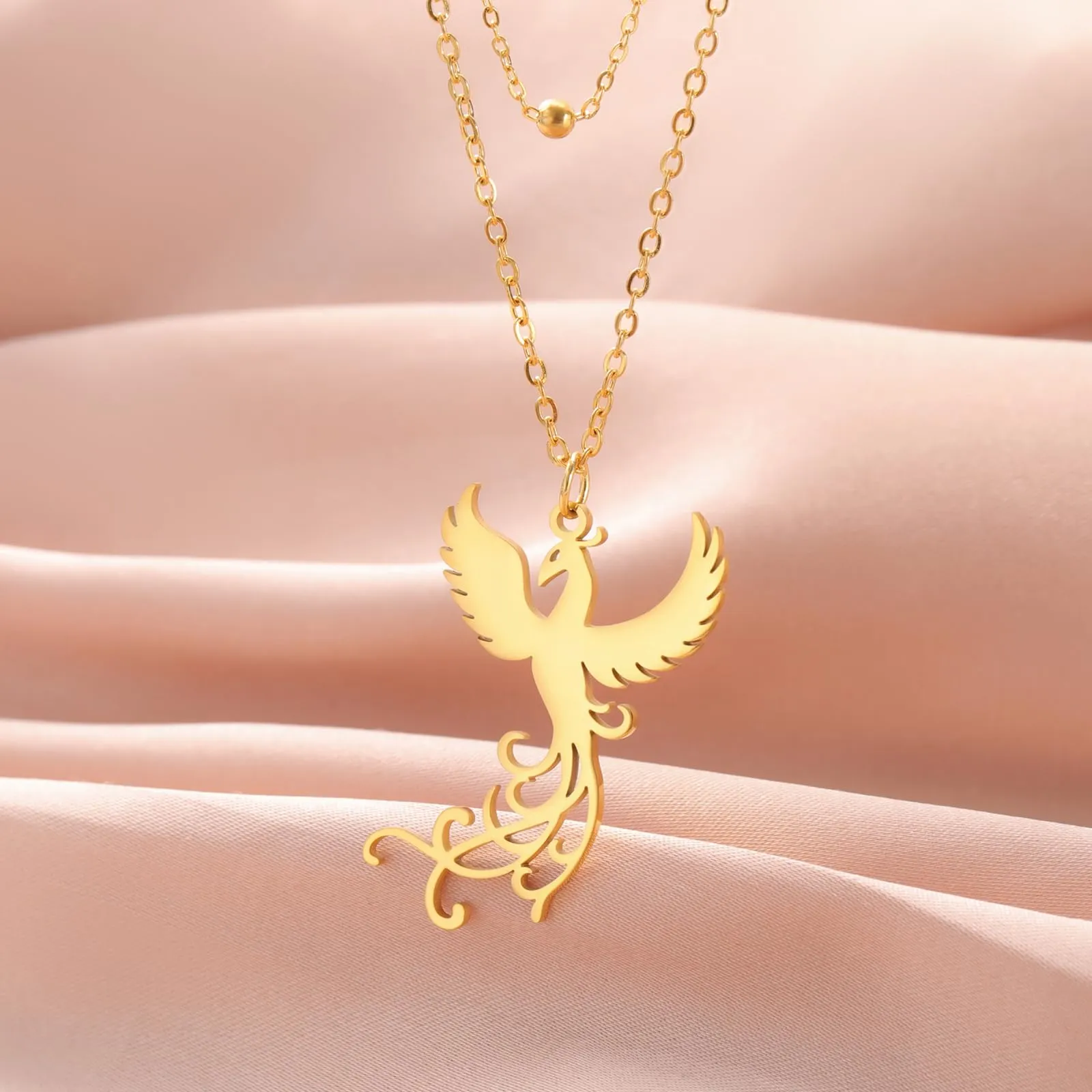 VASSAGO Collana di fenice nascente per donne Collana con ciondolo di uccello di fuoco in acciaio inox per uomini Regali di gioielli alla moda (Catena di perline d'oro) - immagine 5