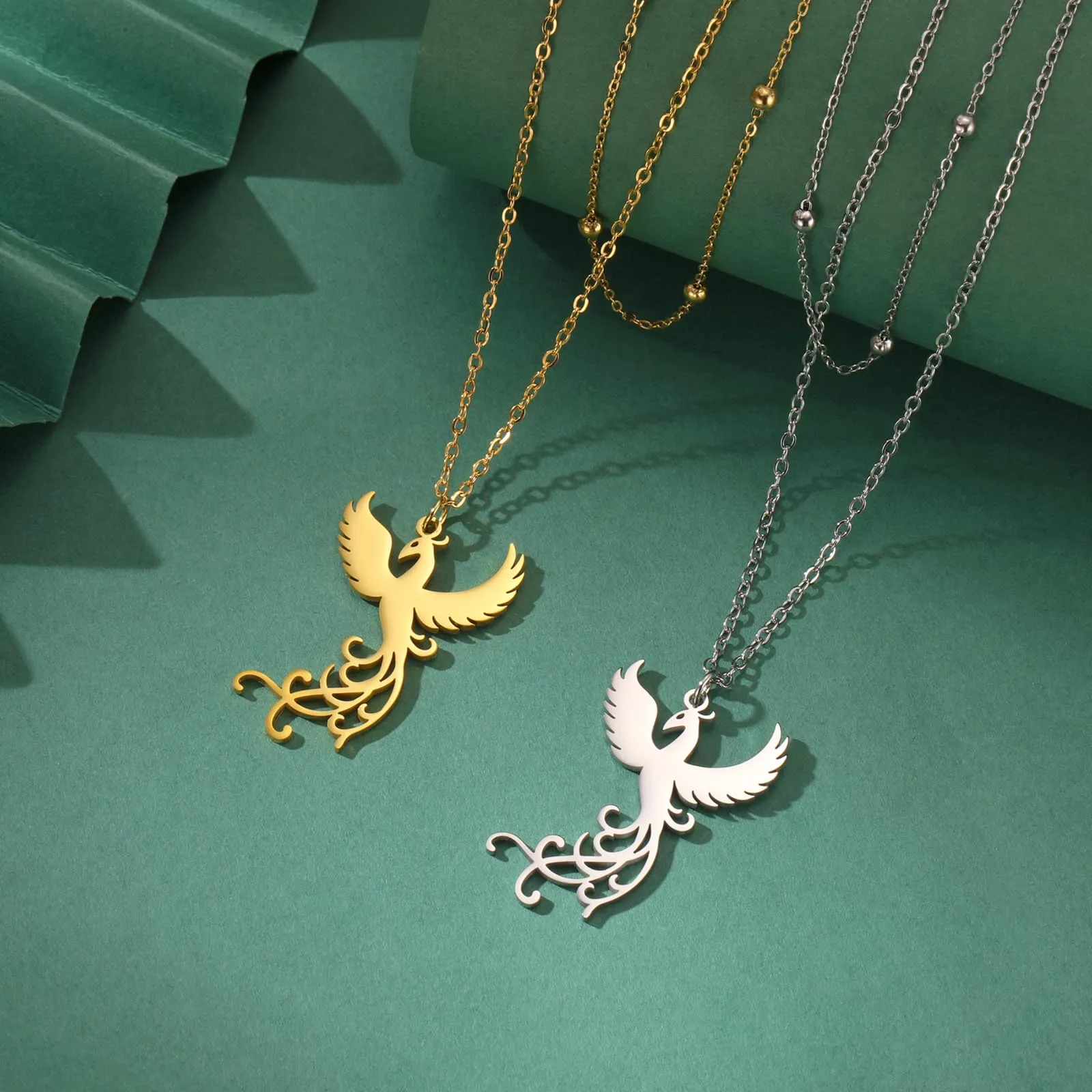 VASSAGO Collana di fenice nascente per donne Collana con ciondolo di uccello di fuoco in acciaio inox per uomini Regali di gioielli alla moda (Catena di perline d'oro) - immagine 8