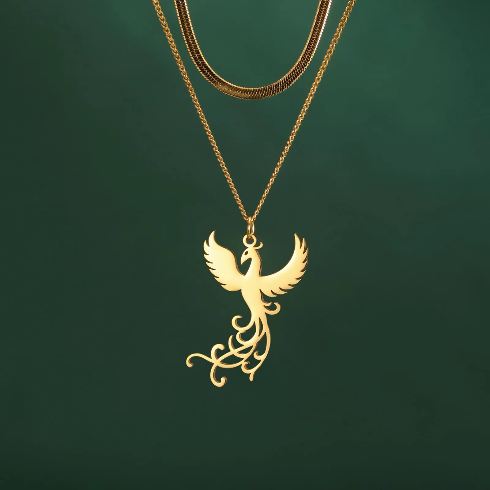 VASSAGO Collana di fenice nascente per donne Collana con ciondolo di uccello di fuoco in acciaio inox per uomini Regali di gioielli alla moda (catena a serpente d'oro) - immagine 3