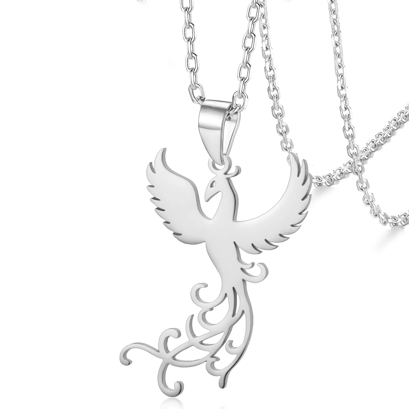 VASSAGO Collana di fenice nascente per donne Collana con ciondolo di uccello di fuoco in acciaio inox per uomini Regali di gioielli alla moda (collana d'argento) - immagine 1